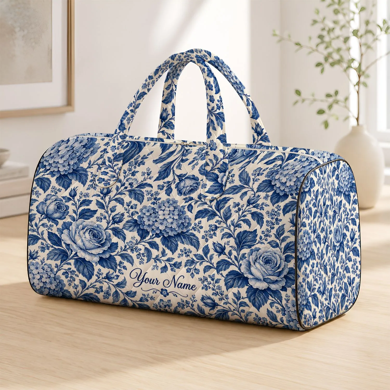 Navy Blue Rose And Hydrangea Botanical Florals For Coastal Getaways And Beach Travel Quilted Weekend Bag - 1