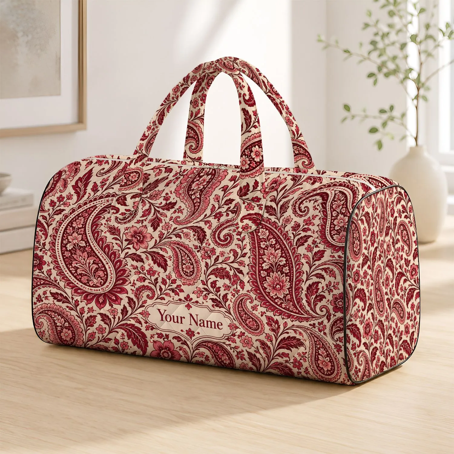 Burgundy Rose Paisley Motifs for Weekend Getaways, Gym Days, and Travel for Her and Him Quilted Weekend Bag - 1