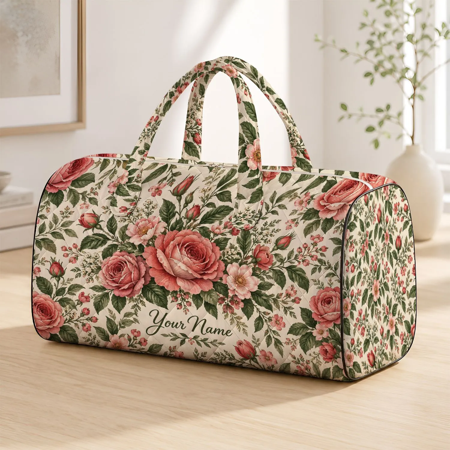 Coral Rose and Olive Botanical Blooms for Campsite Escapes and Outdoor Weekend Getaways Quilted Weekend Bag - 1