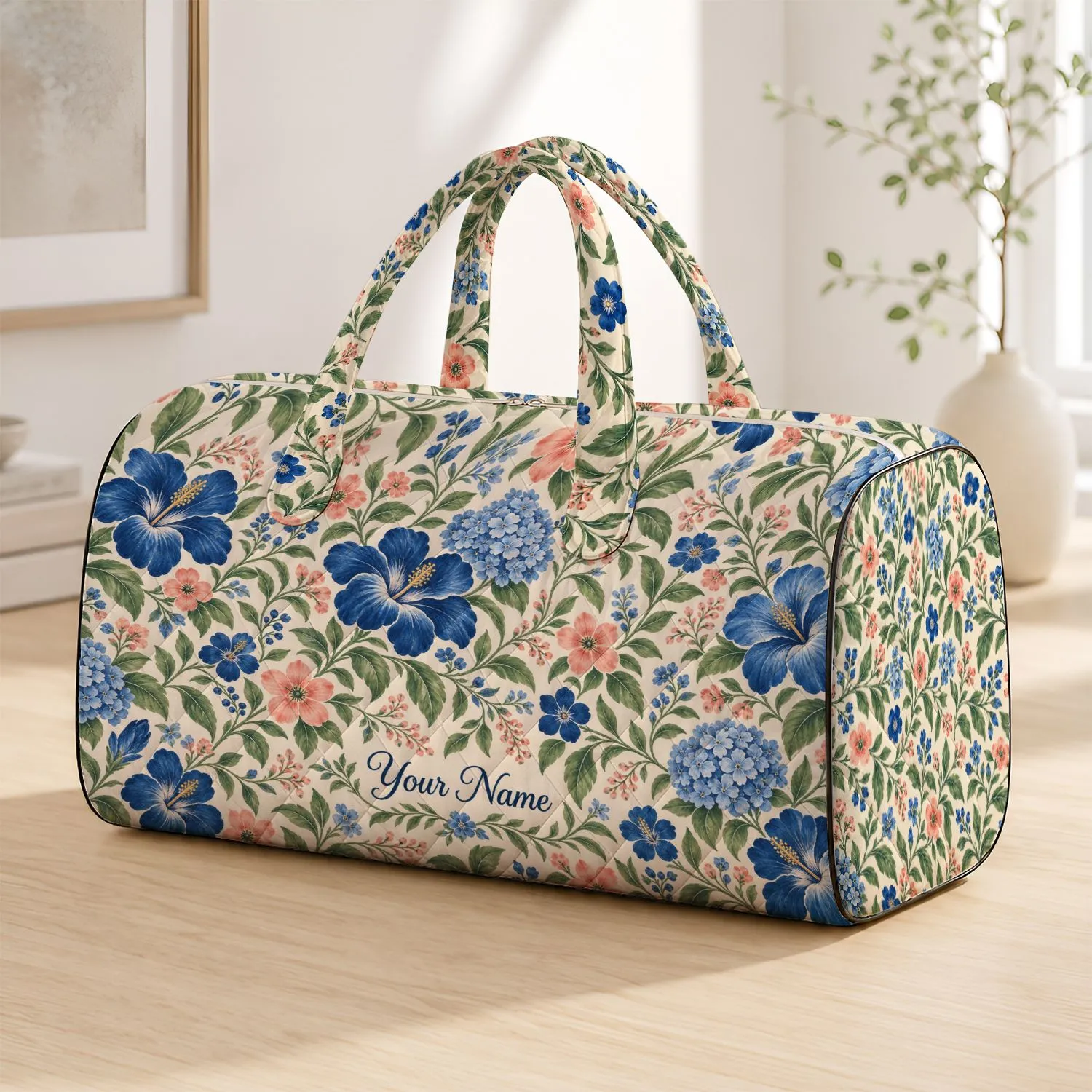 Blue And Coral Botanical Florals For Seaside Getaways And Summer Travel Quilted Weekend Bag - 1