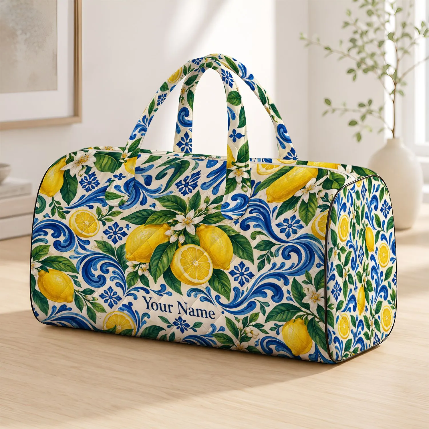 Lemons And Blue Coastal Waves For Sunny Getaways And Relaxed Weekend Escapes Quilted Weekend Bag - 1