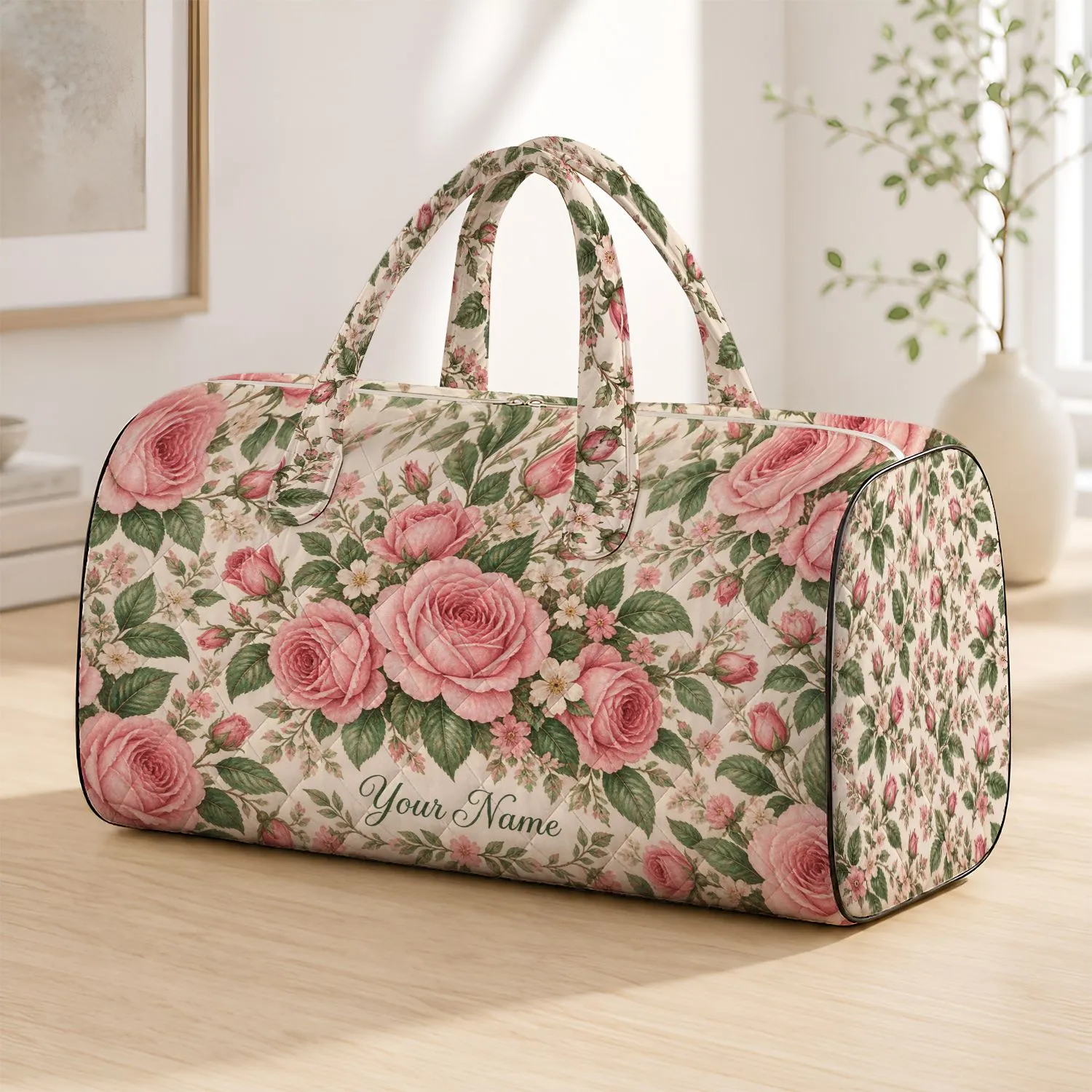 Romantic Pink Rose and Sage Botanicals for Garden Getaways and Weekend Travel Escapes Quilted Weekend Bag - 1