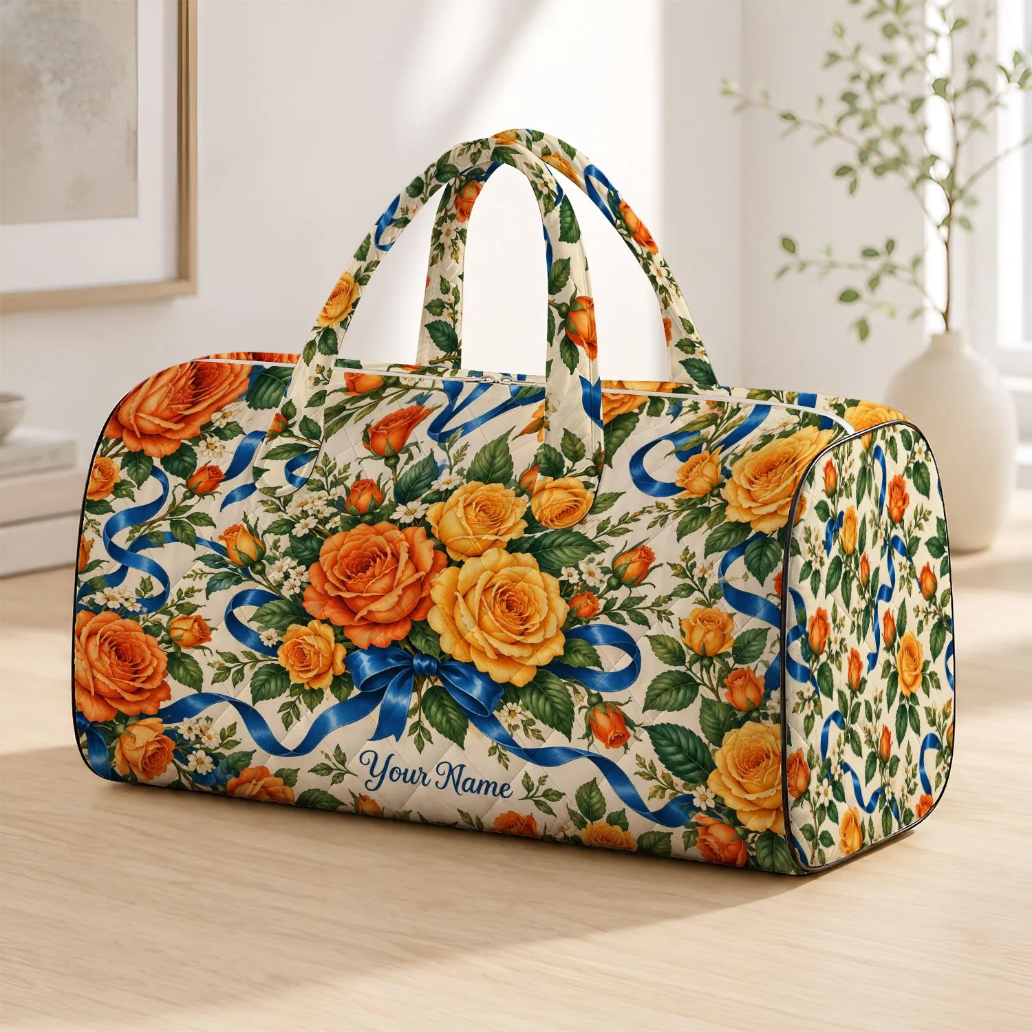 Orange Roses and Blue Ribbons for Sunny Beach Getaways and Garden-Loving Travelers Quilted Weekend Bag - 1