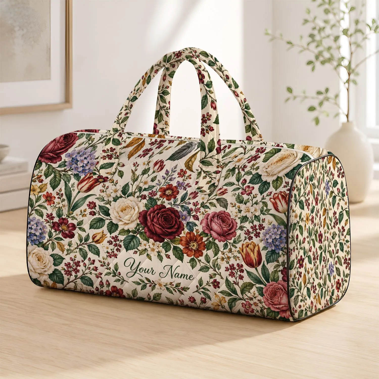 Vintage Botanical Roses and Tulips for Camping, Beach, and Weekend Travel Quilted Weekend Bag - 1