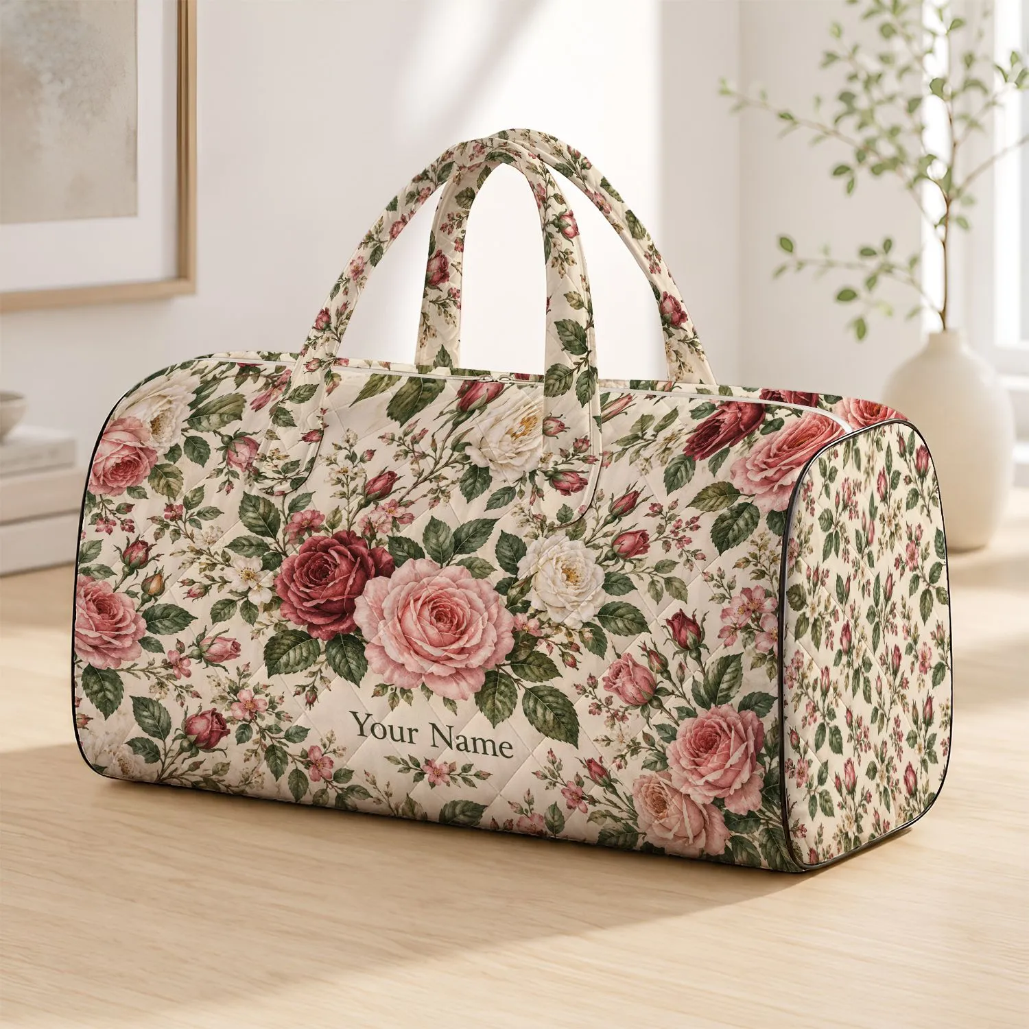 Vintage Rose Garden Florals for Romantic Getaways and Everyday Travel, Unisex Style Quilted Weekend Bag - 1
