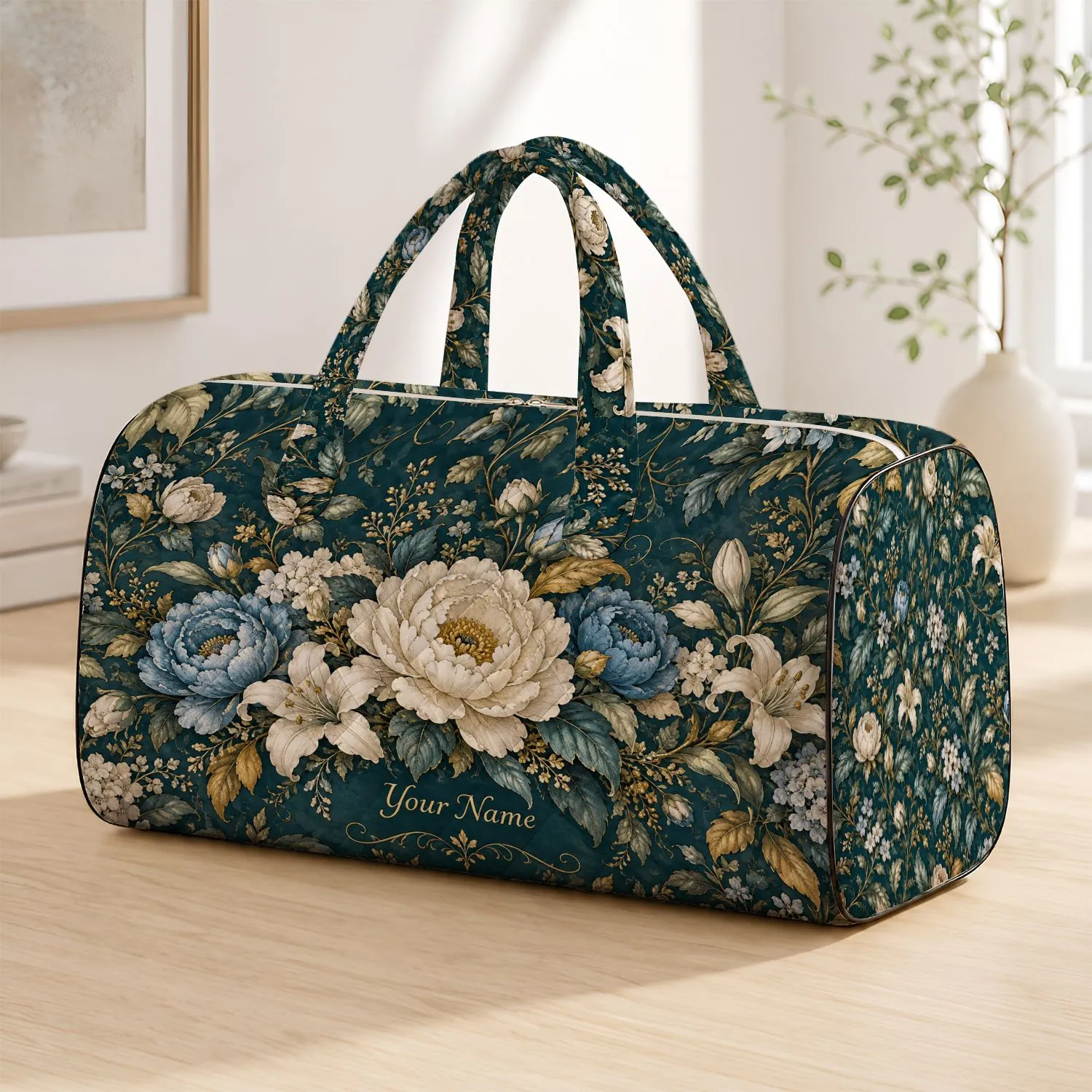 Vintage Blue And Gold Botanical Florals For Beach Getaways And Weekend Escapes Quilted Weekend Bag - 1