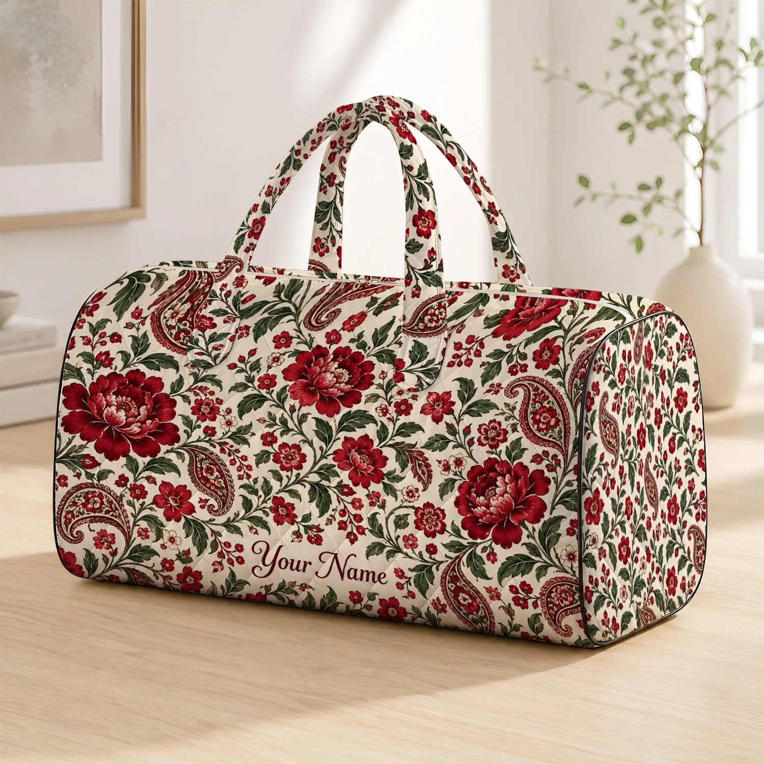 Cranberry Floral Paisley for Campsite Escapes and Weekend Getaways, Unisex Style Quilted Weekend Bag - 1