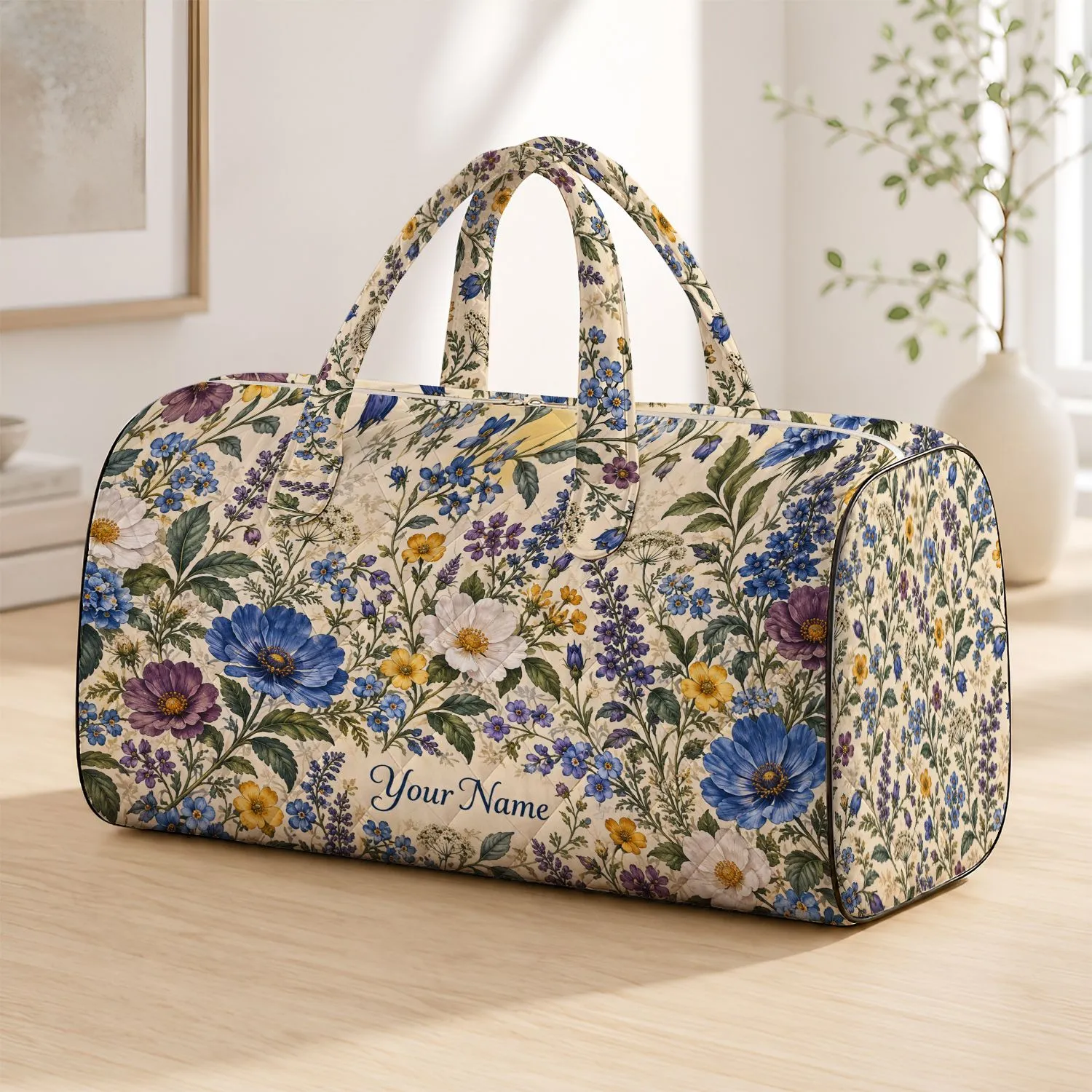 Blue Wildflower Vines for Sunny Beach Escapes and Relaxed Coastal Travel Adventures Quilted Weekend Bag - 1