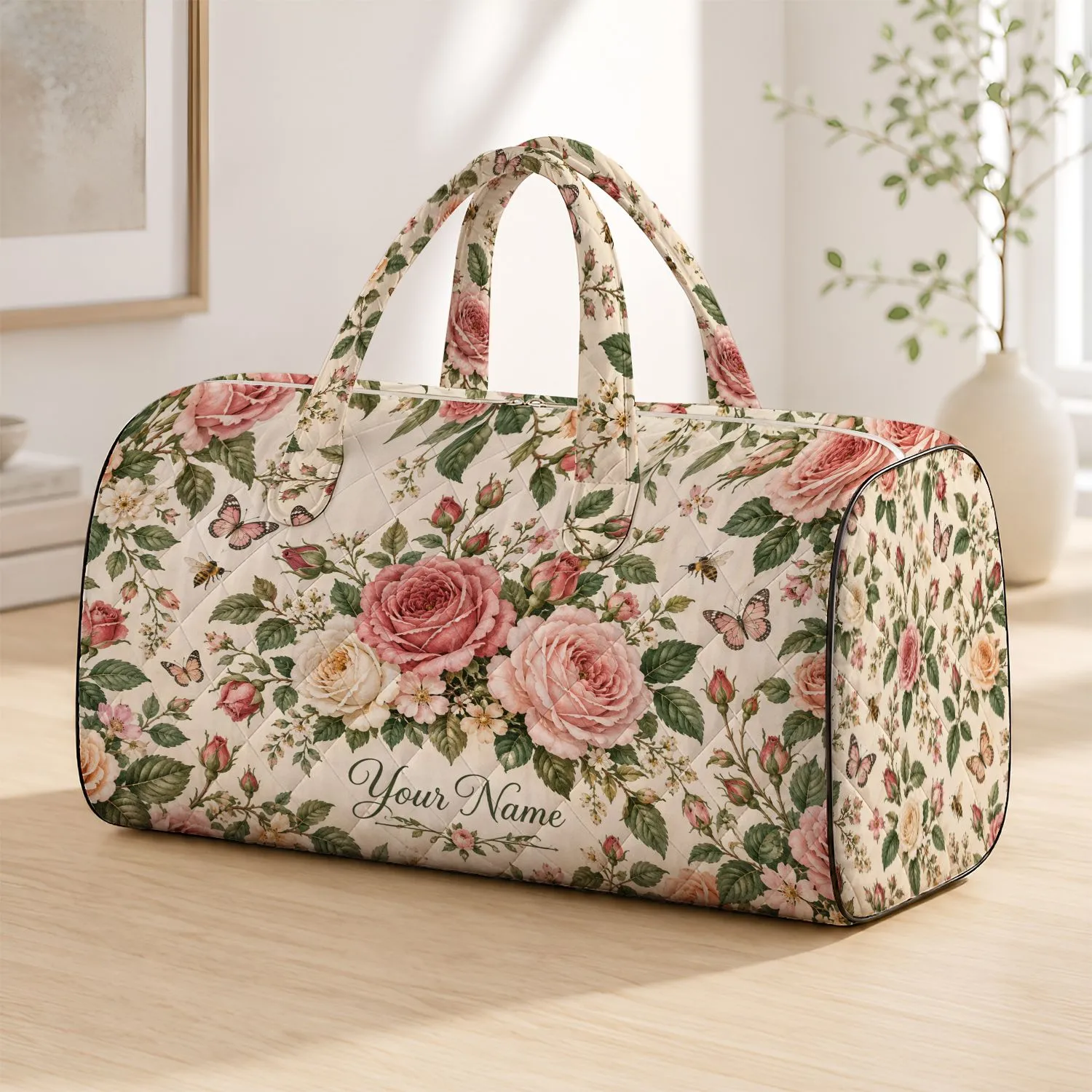 Vintage Rose Garden Florals for Weekend Getaways, Yoga Days and Travel for Women Quilted Weekend Bag - 1