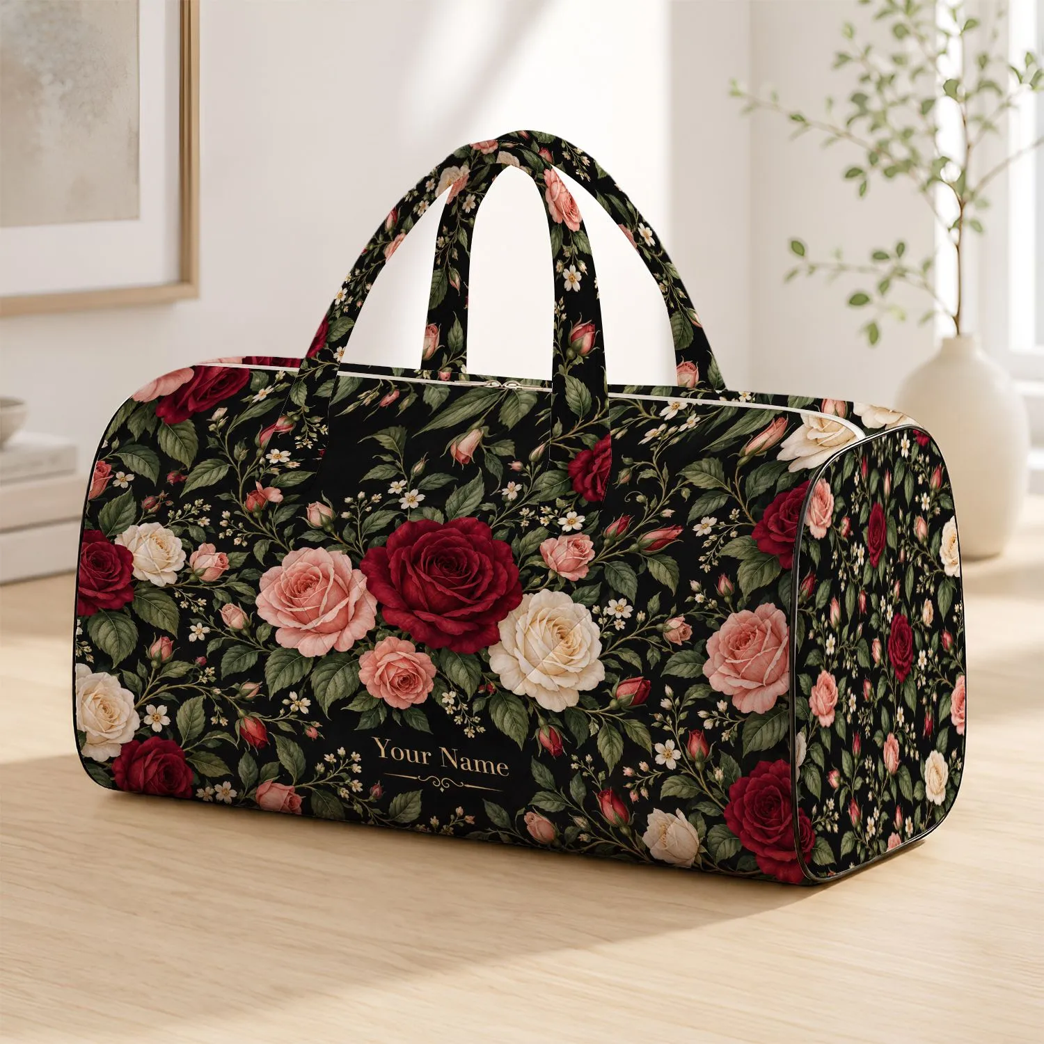 Black Rose and Greenery Floral for Beach Travel, Gym Days and Weekend Getaways for Her Quilted Weekend Bag - 1