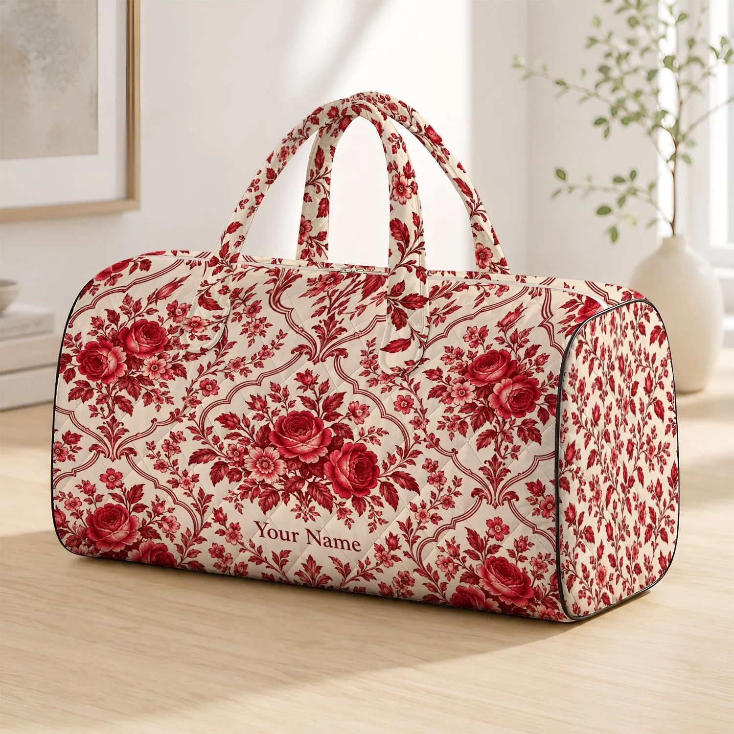 Crimson Rose Toile Blooms for Elegant Weekend Getaways and Leisurely Travel Days Quilted Weekend Bag - 1