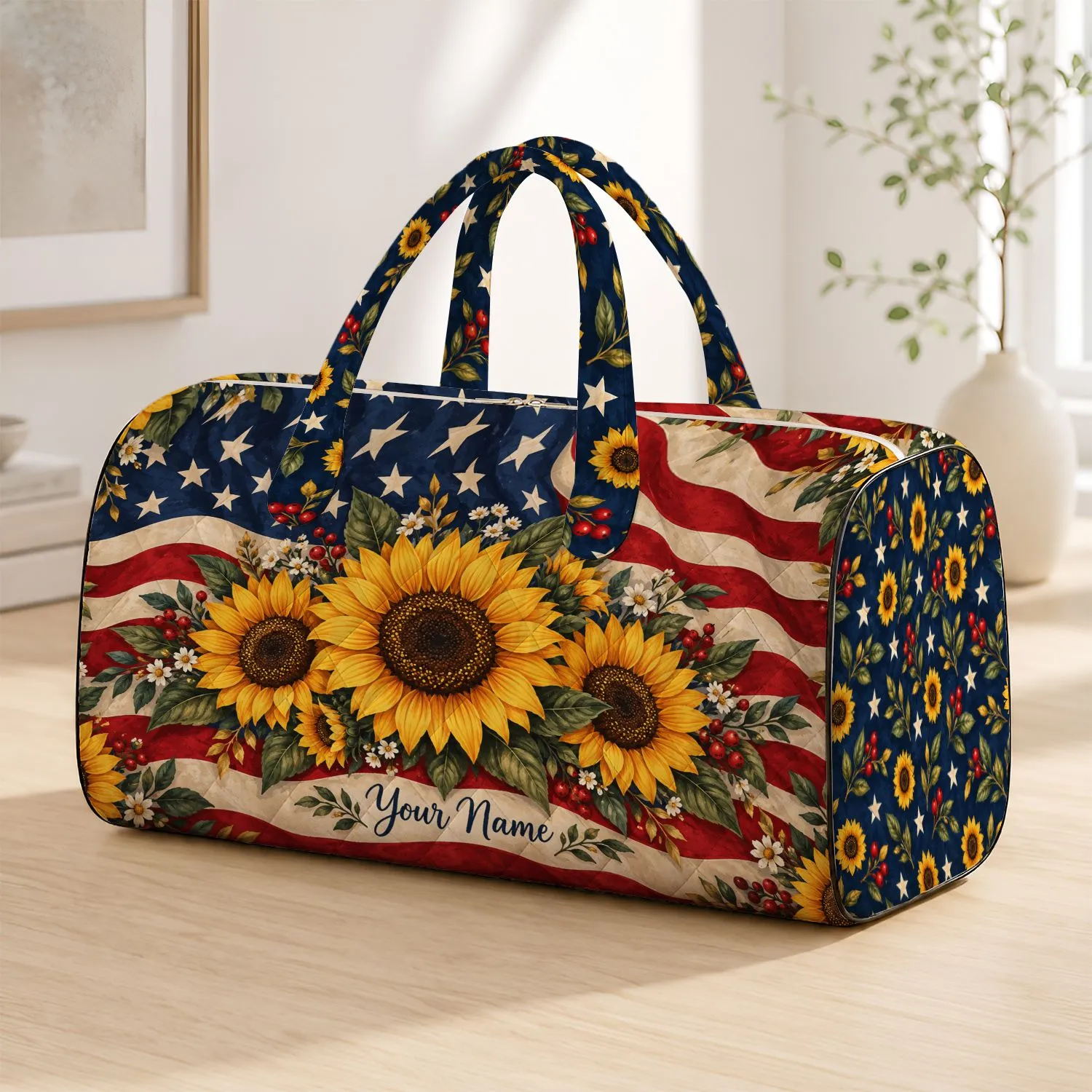 Sunflower Stars and Stripes for Patriotic Summer Travel and Outdoor Getaways Quilted Weekend Bag - 1