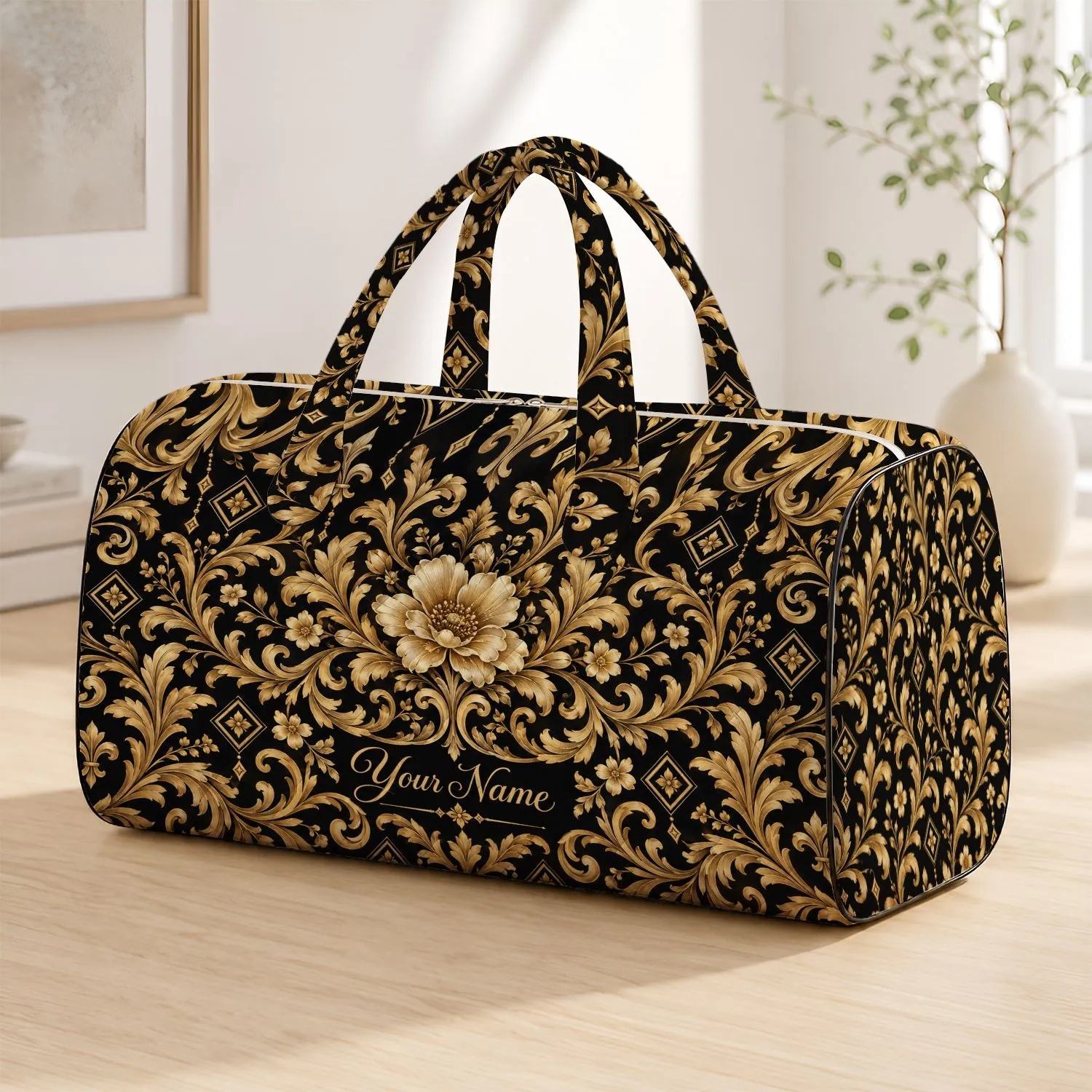 Black And Gold Baroque Floral Scrolls For Elegant Weekend Getaways And Travel Lovers Quilted Weekend Bag - 1