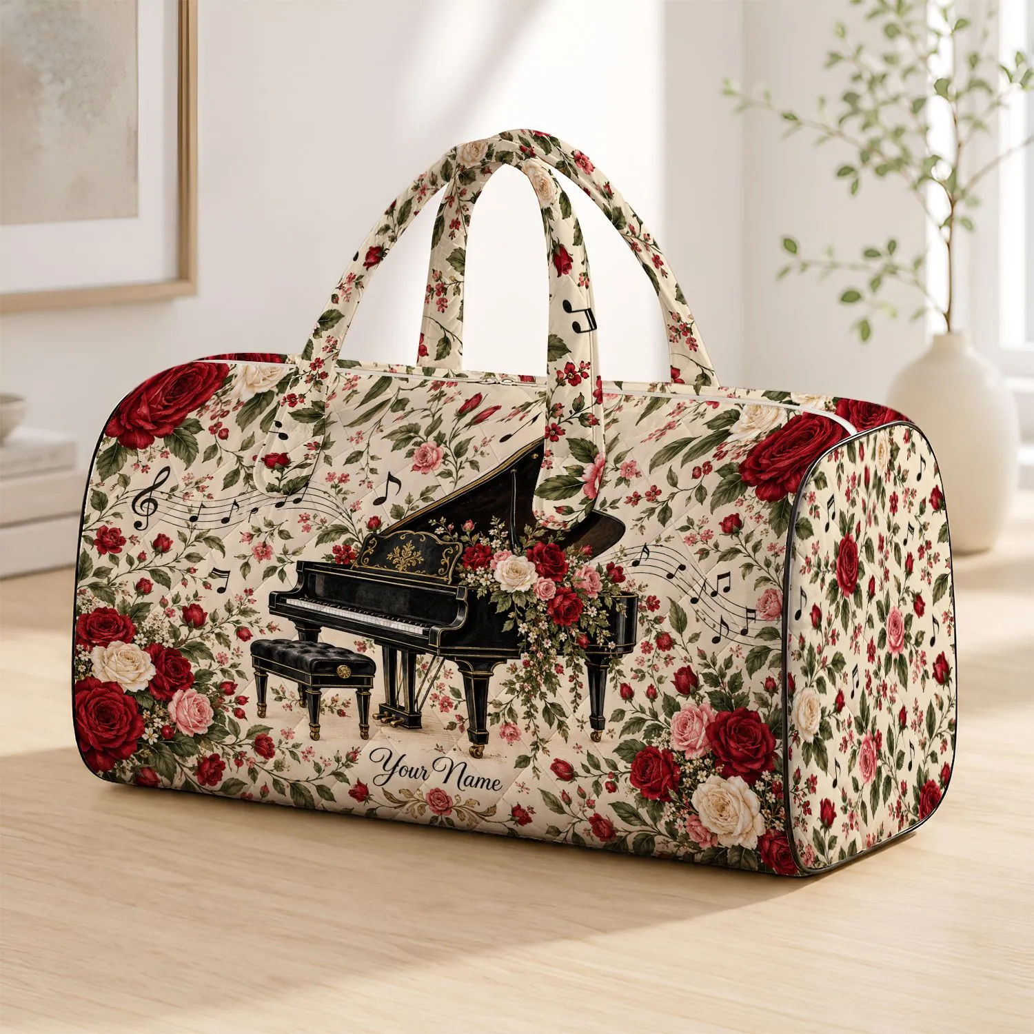 Vintage Grand Piano and Roses for Musical Getaways and Romantic Weekend Escapes Quilted Weekend Bag - 1