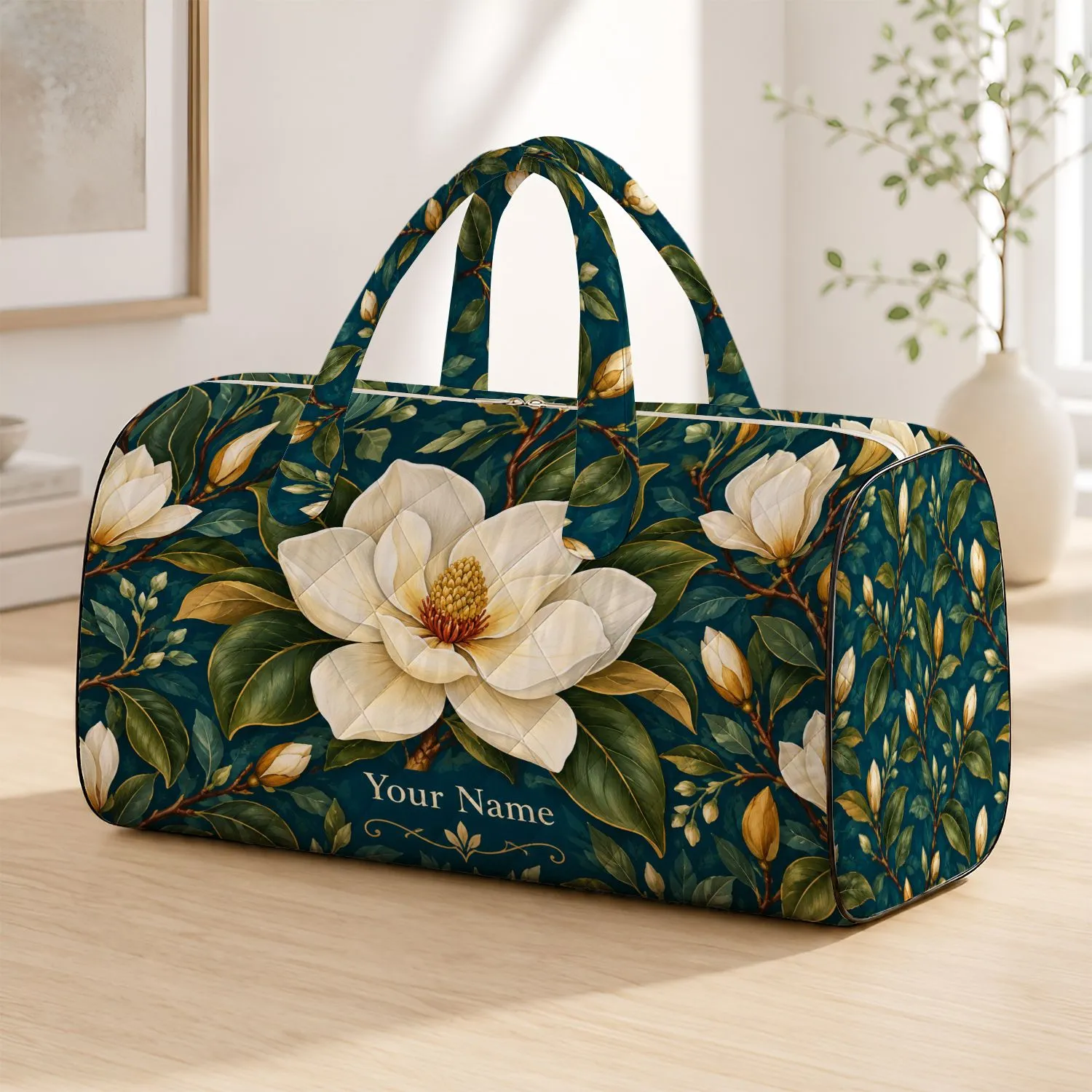 White Magnolia Blooms for Weekend Getaways, Yoga Retreats and Coastal Travel Lovers Quilted Weekend Bag - 1