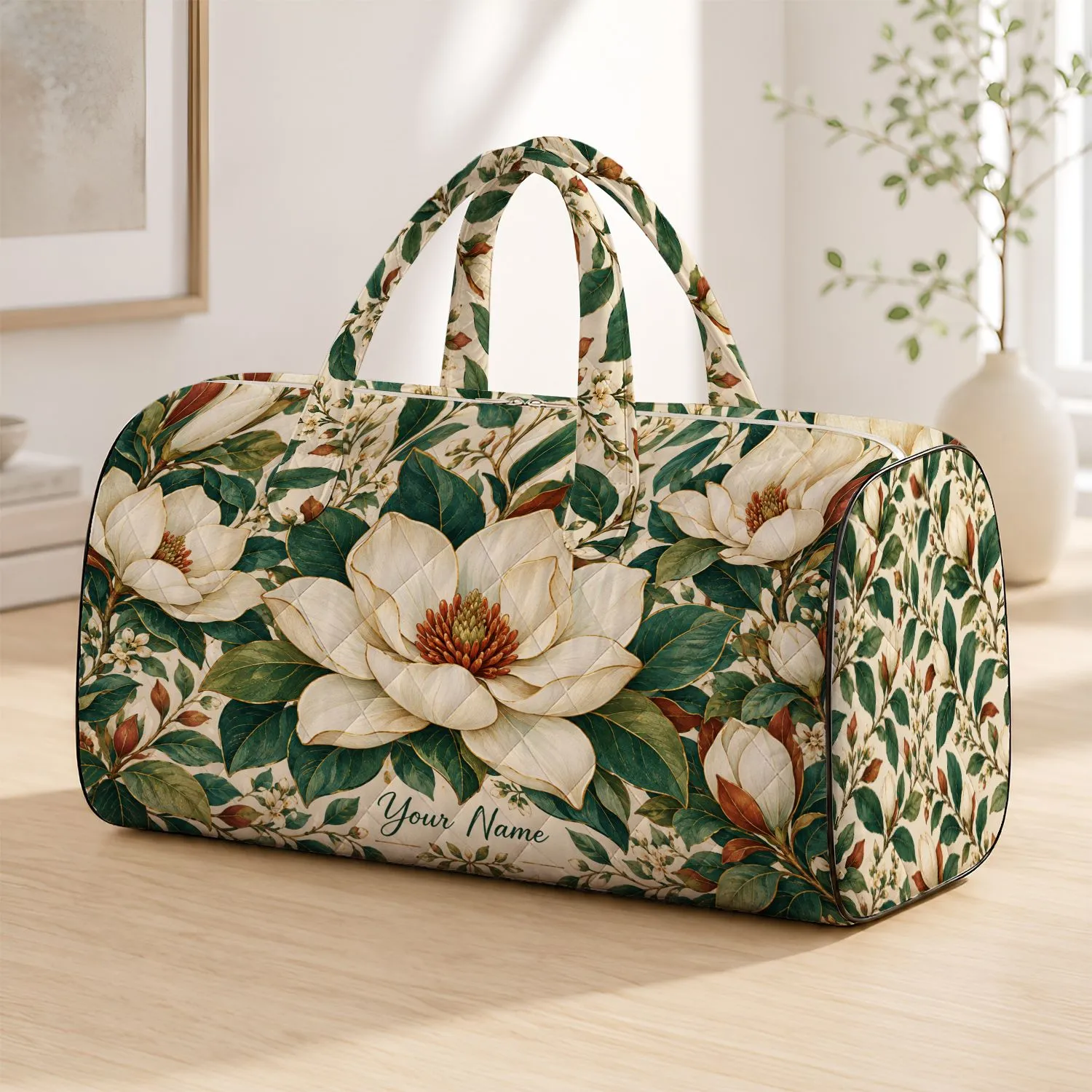 Cream Magnolia Blooms and Teal Leaves for Yoga, Beach Days and Weekend Getaways Quilted Weekend Bag - 1