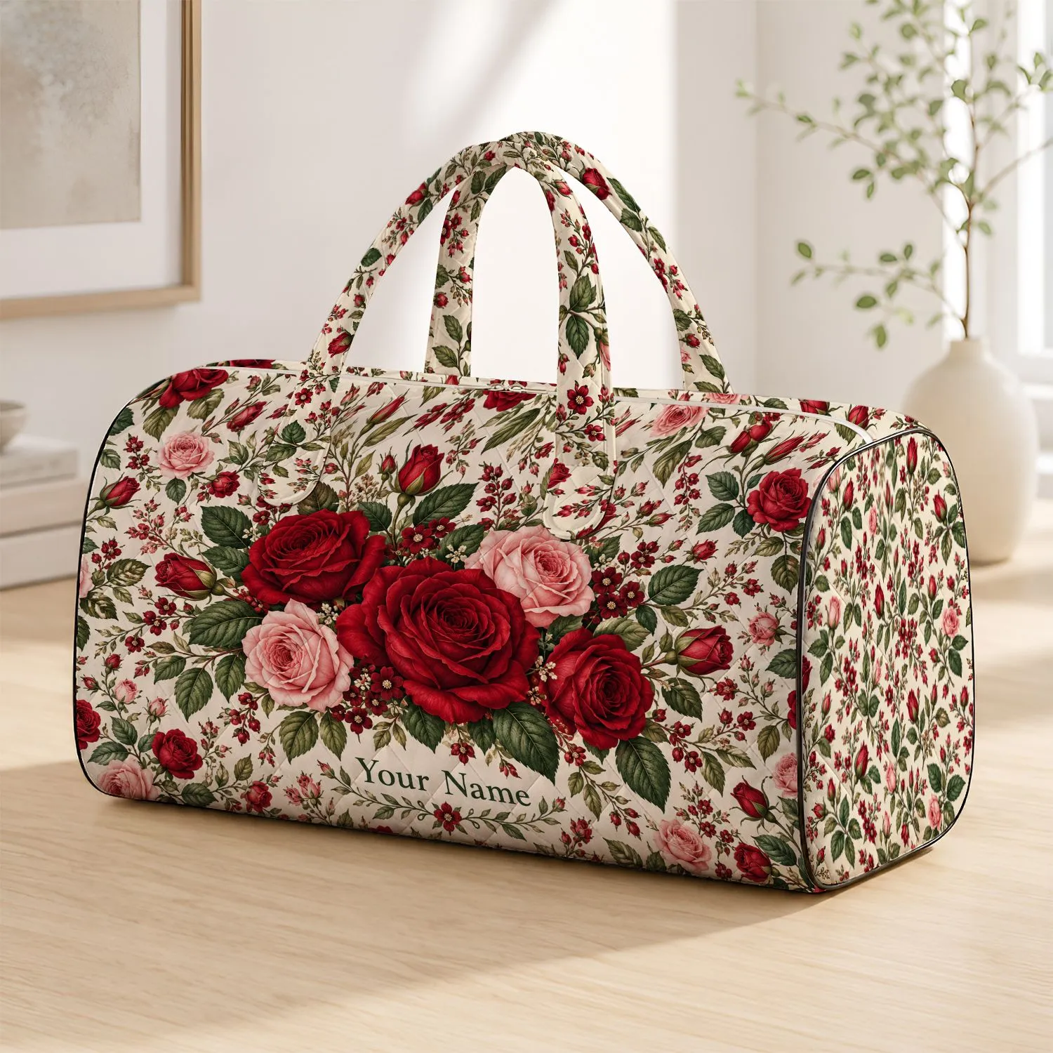 Crimson Rose And Ivory Botanical Florals For Romantic Beach And Weekend Getaways Quilted Weekend Bag - 1