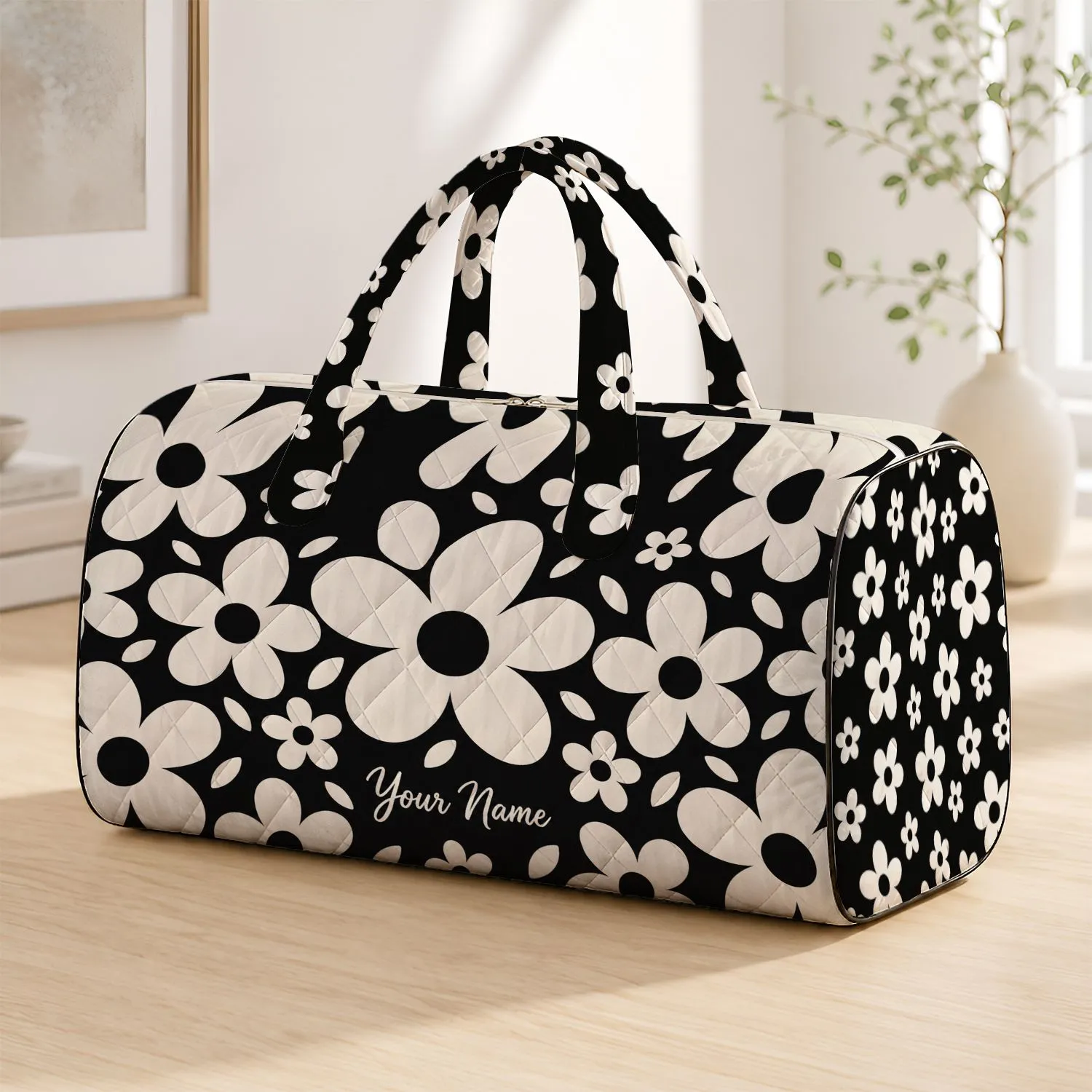 Black and Ivory Daisy Blooms for Sunny Coastal Getaways and Relaxed Weekend Escapes Quilted Weekend Bag - 1
