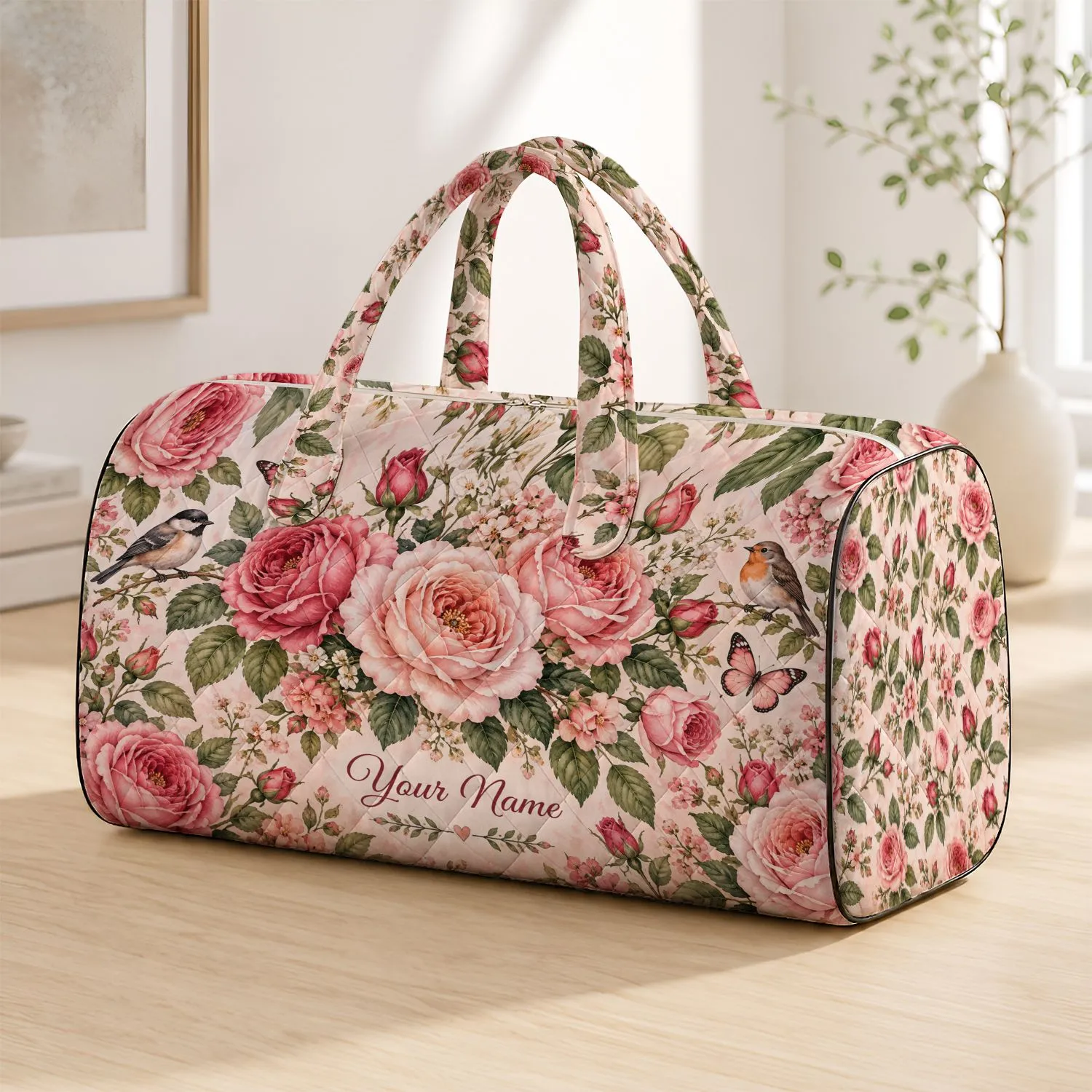 Blush Rose and Songbird Florals for Romantic Getaways and Garden-Inspired Travel Style Quilted Weekend Bag - 1