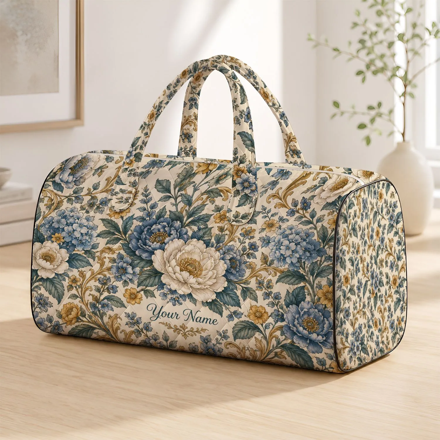 Vintage Blue Floral Toile Blooms for Weekend Getaways and Relaxed Outdoor Travel Quilted Weekend Bag - 1
