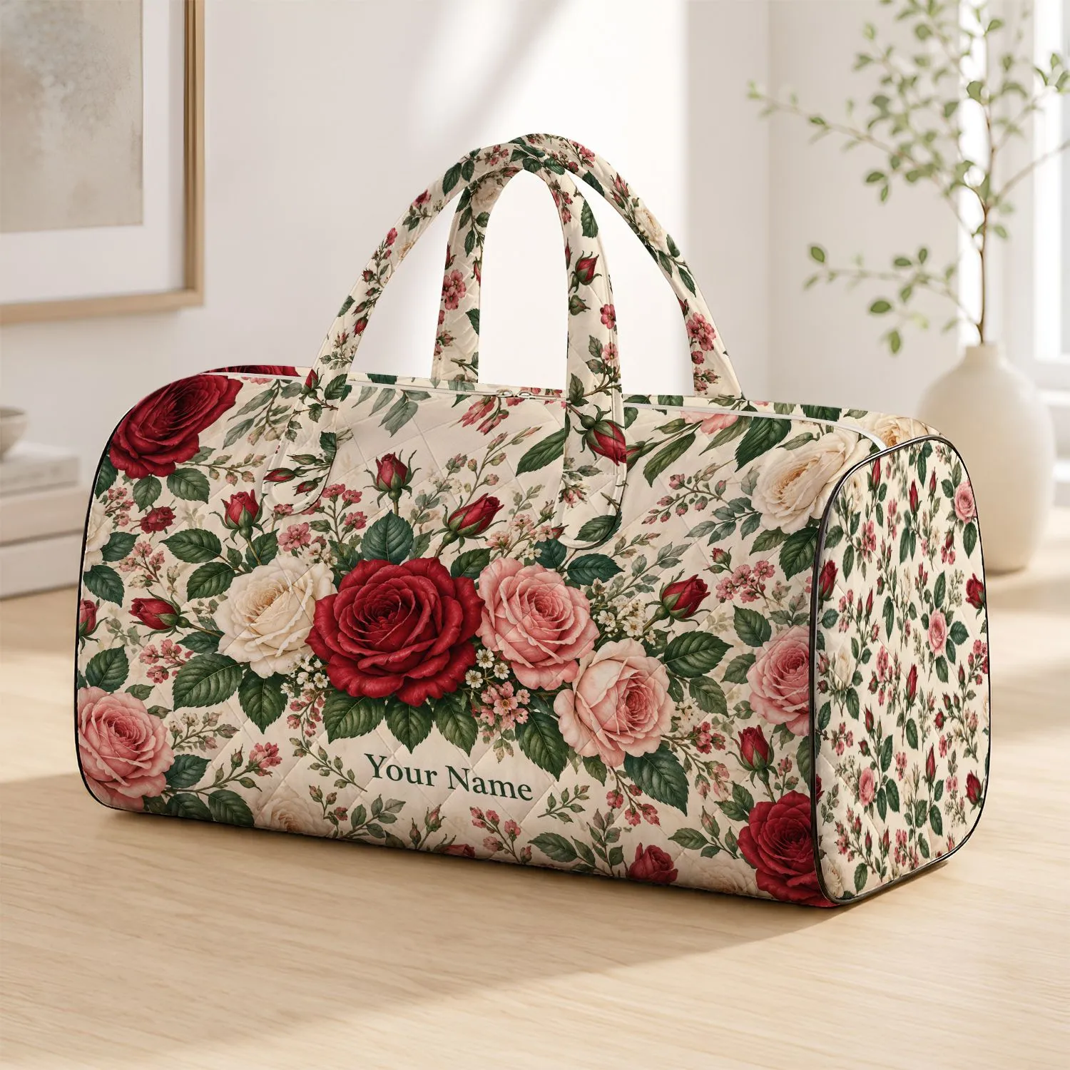 Vintage Rose Garden Blooms for Beach Holidays, Travel and Weekend Getaways for Her Quilted Weekend Bag - 1