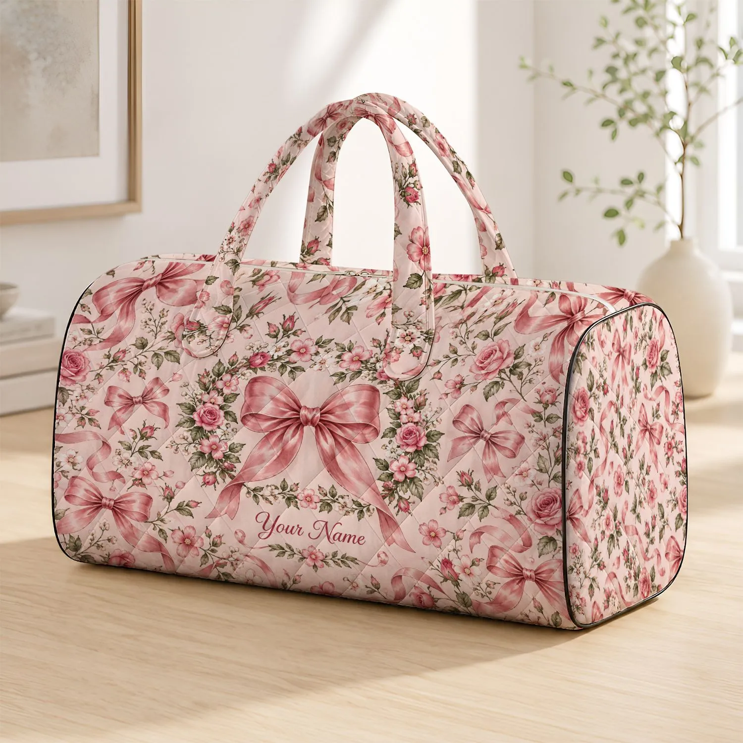 Blush Floral Wreaths And Satin Bows For Romantic Weekend Getaways And Travel For Her Quilted Weekend Bag - 1