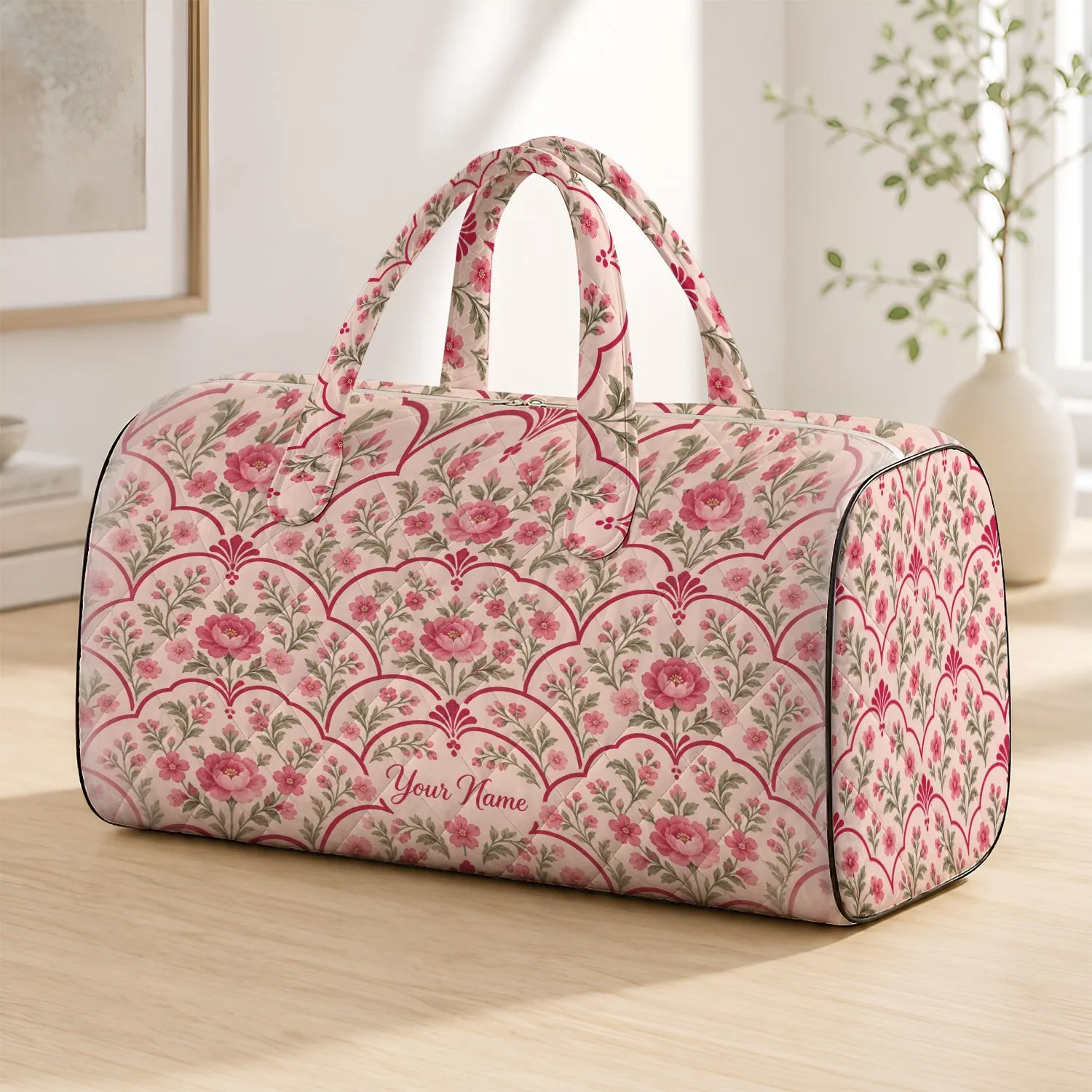 Blush Rose Scallop Florals for Beach Days, Yoga Trips and Weekend Getaways for Her Quilted Weekend Bag - 1