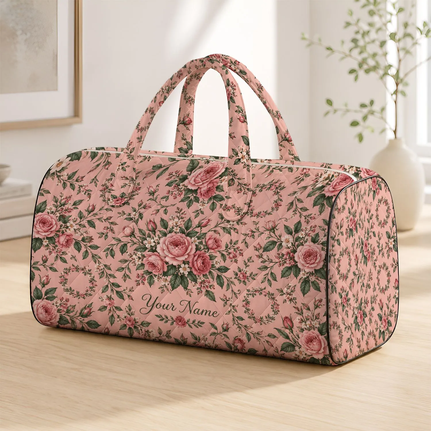 Blush Rose Vines for Romantic Picnic Travel and Relaxed Weekend Getaways for Her Quilted Weekend Bag - 1