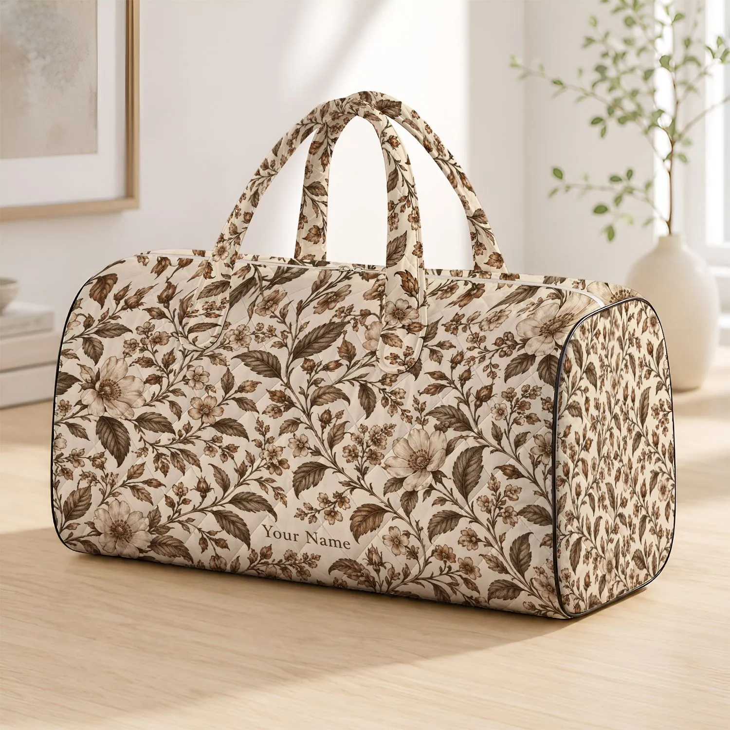 Ivory Sepia Wildflower Vines for Scenic Rail Journeys and Relaxed Weekend Getaways Quilted Weekend Bag - 1