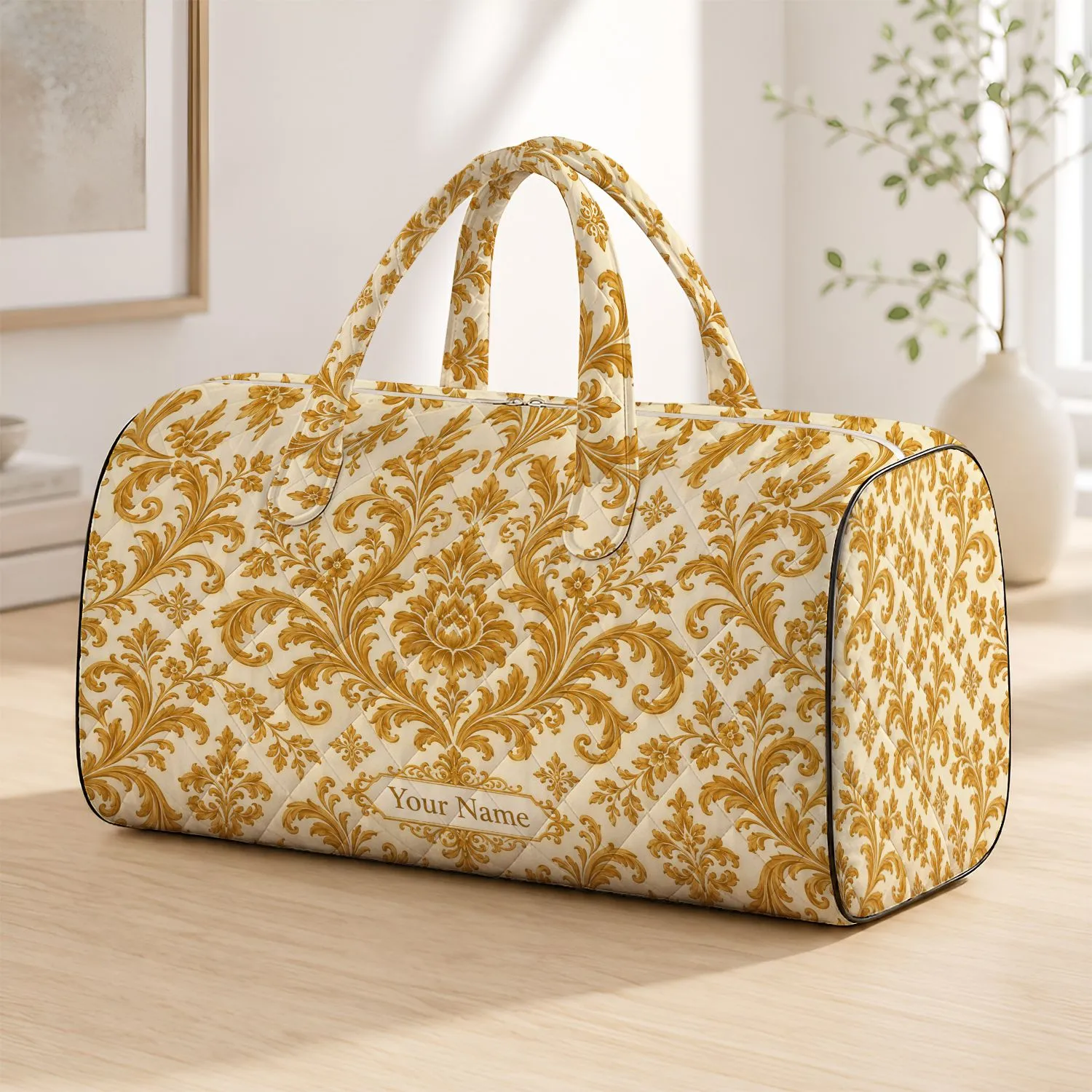 Ivory And Gold Damask Flourishes For Elegant Travel And Refined Weekend Getaways Quilted Weekend Bag - 1