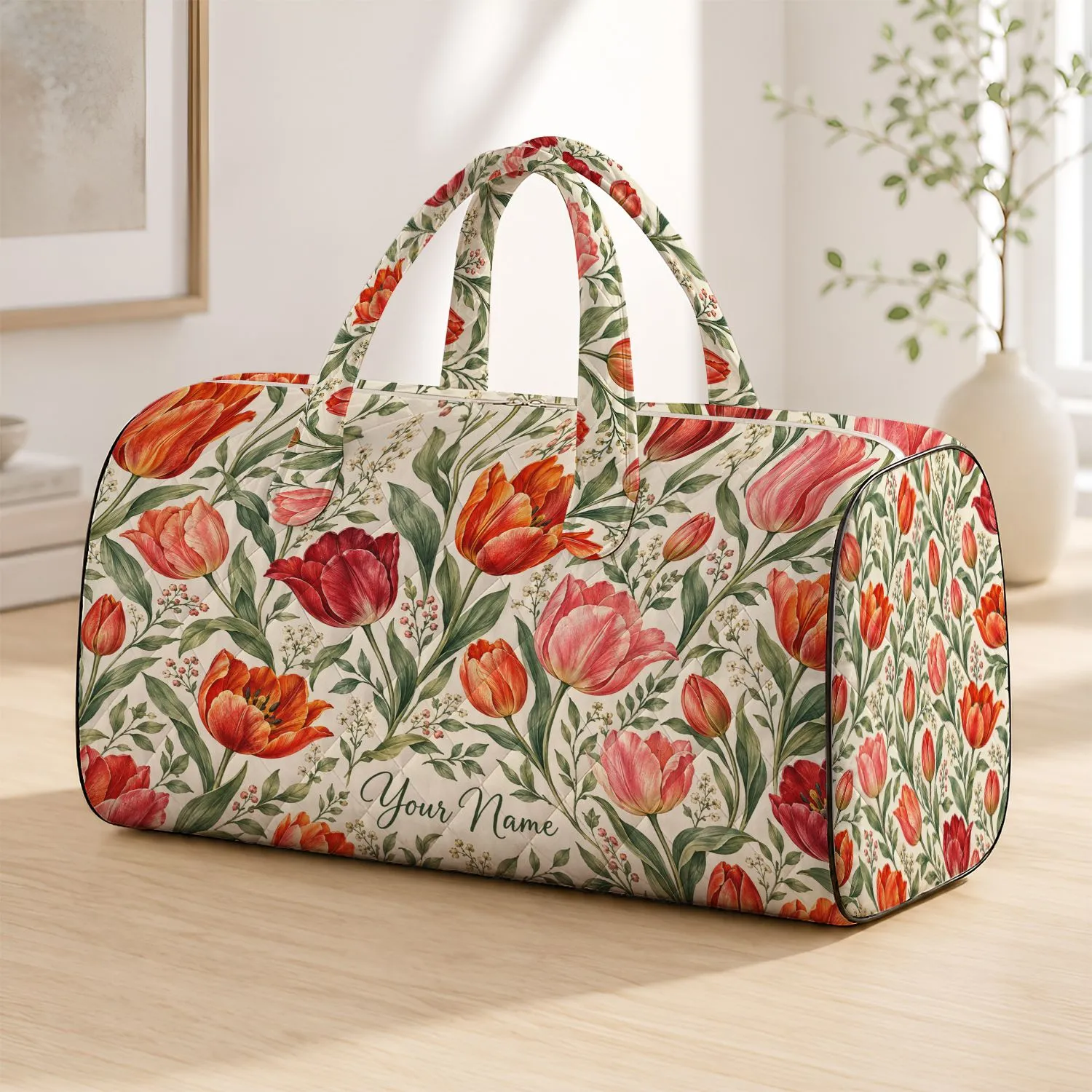 Watercolor Tulip Garden Florals for Spring Camping, Yoga and Relaxed Weekend Getaways Quilted Weekend Bag - 1