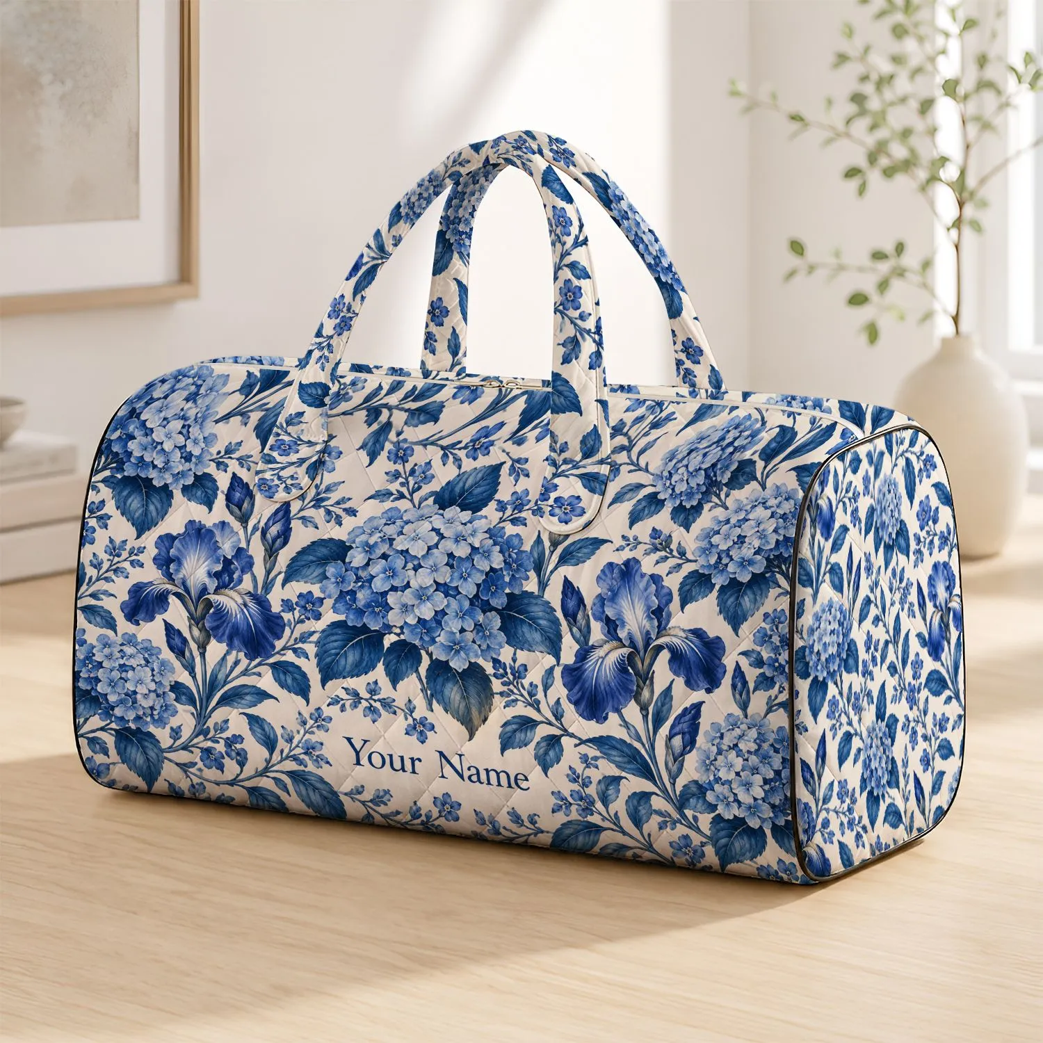 Blue Chinoiserie Hydrangea and Iris Blooms for Elegant Travel, Gym and Weekend Getaways Quilted Weekend Bag - 1