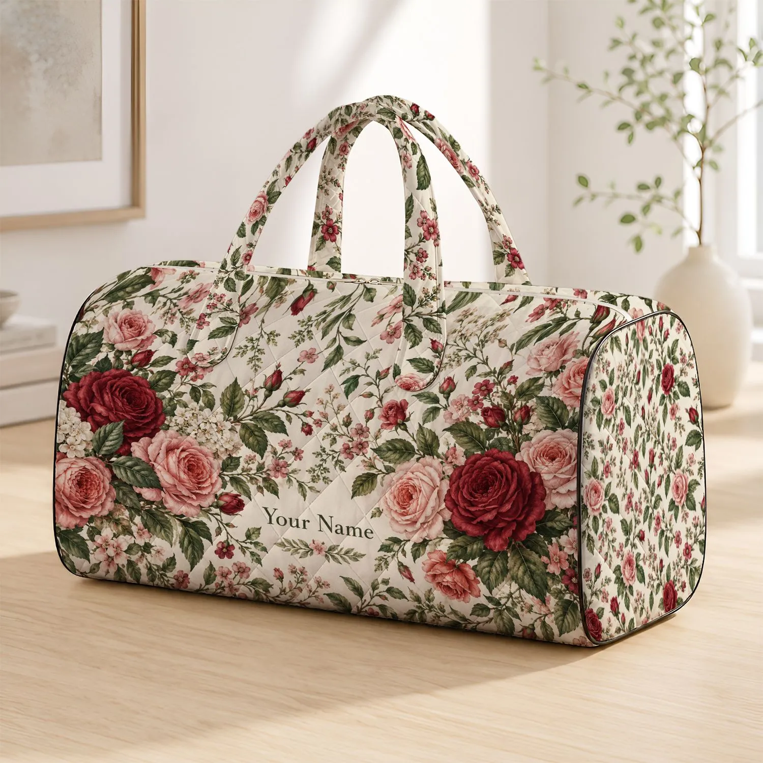 Vintage Rose Garden for Weekend Getaways and Yoga Retreats, Elegant Floral Style Quilted Weekend Bag - 1