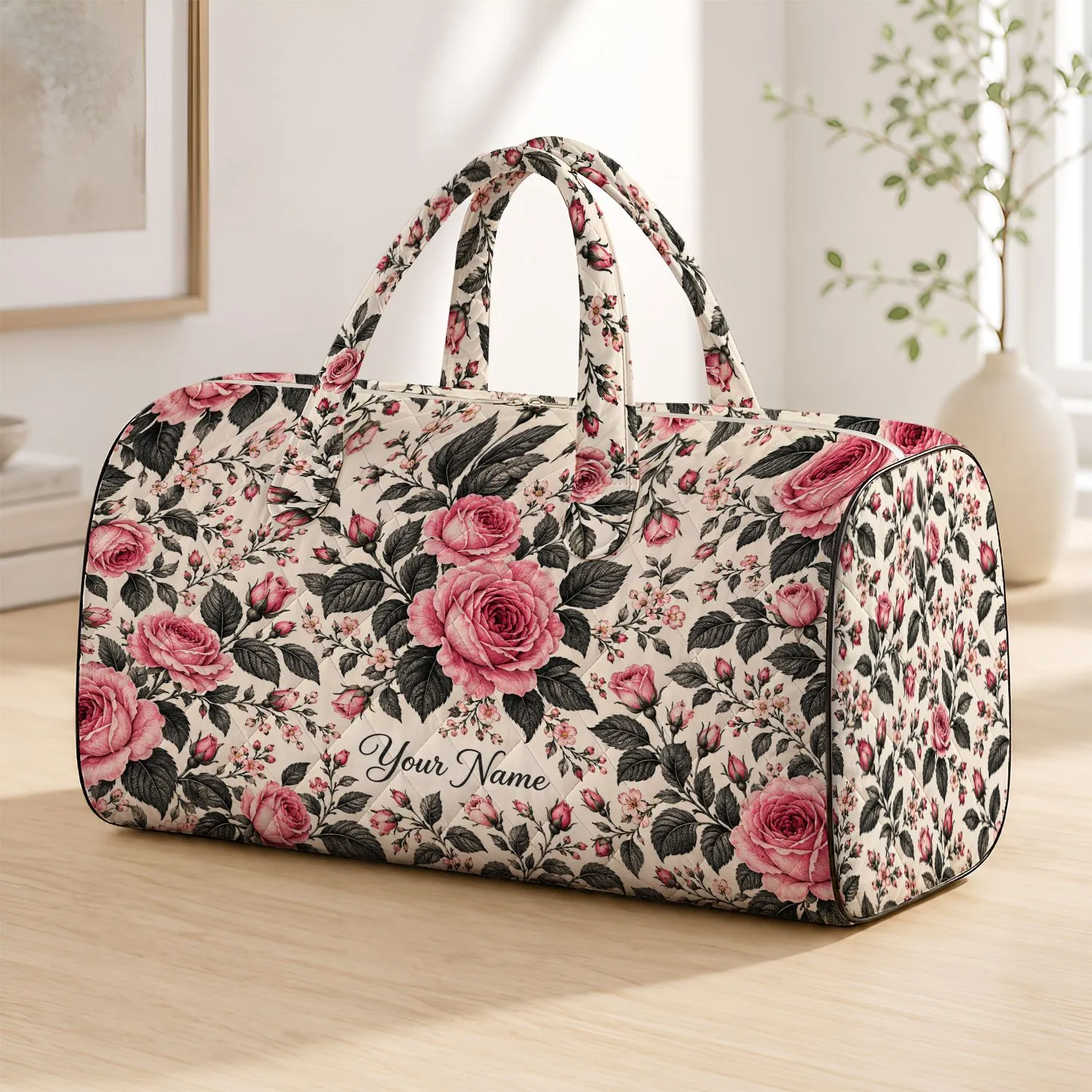 Pink Rose and Ivory Botanical Florals for Travel, Gym Days and Weekend Trip Style Quilted Weekend Bag - 1