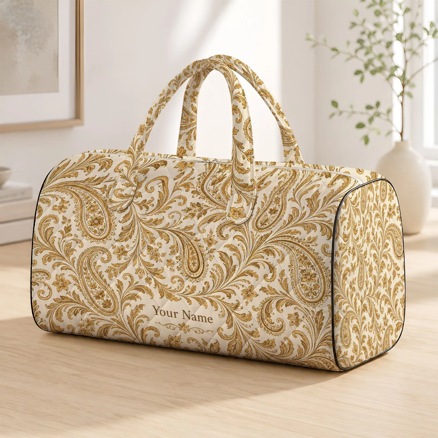 Ivory and Gold Paisley Scrolls for Elegant Weekend Travel, Vacations and Getaways Quilted Weekend Bag - 1