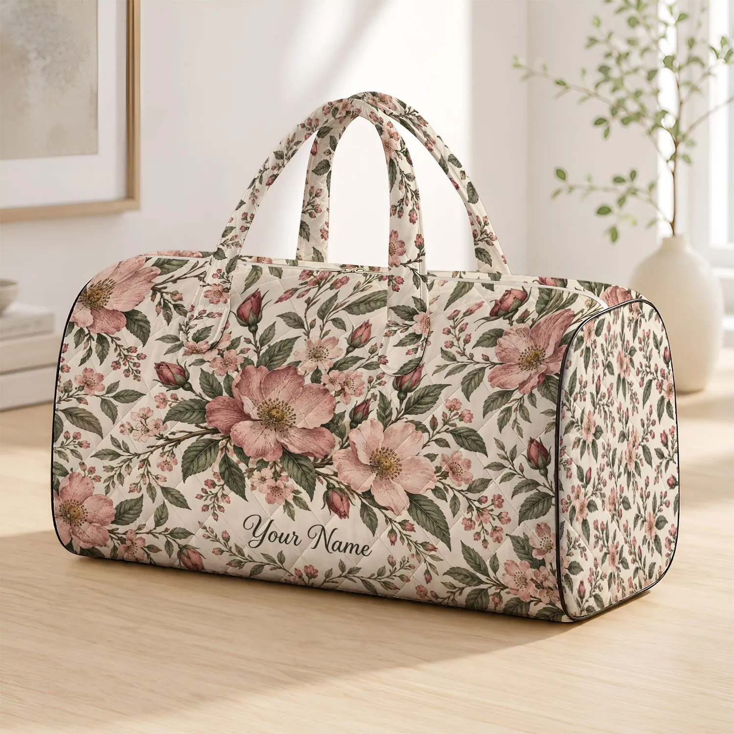 Vintage Rose and Wildflower Motifs for Spa Days, Travel and Weekend Getaways Quilted Weekend Bag - 1