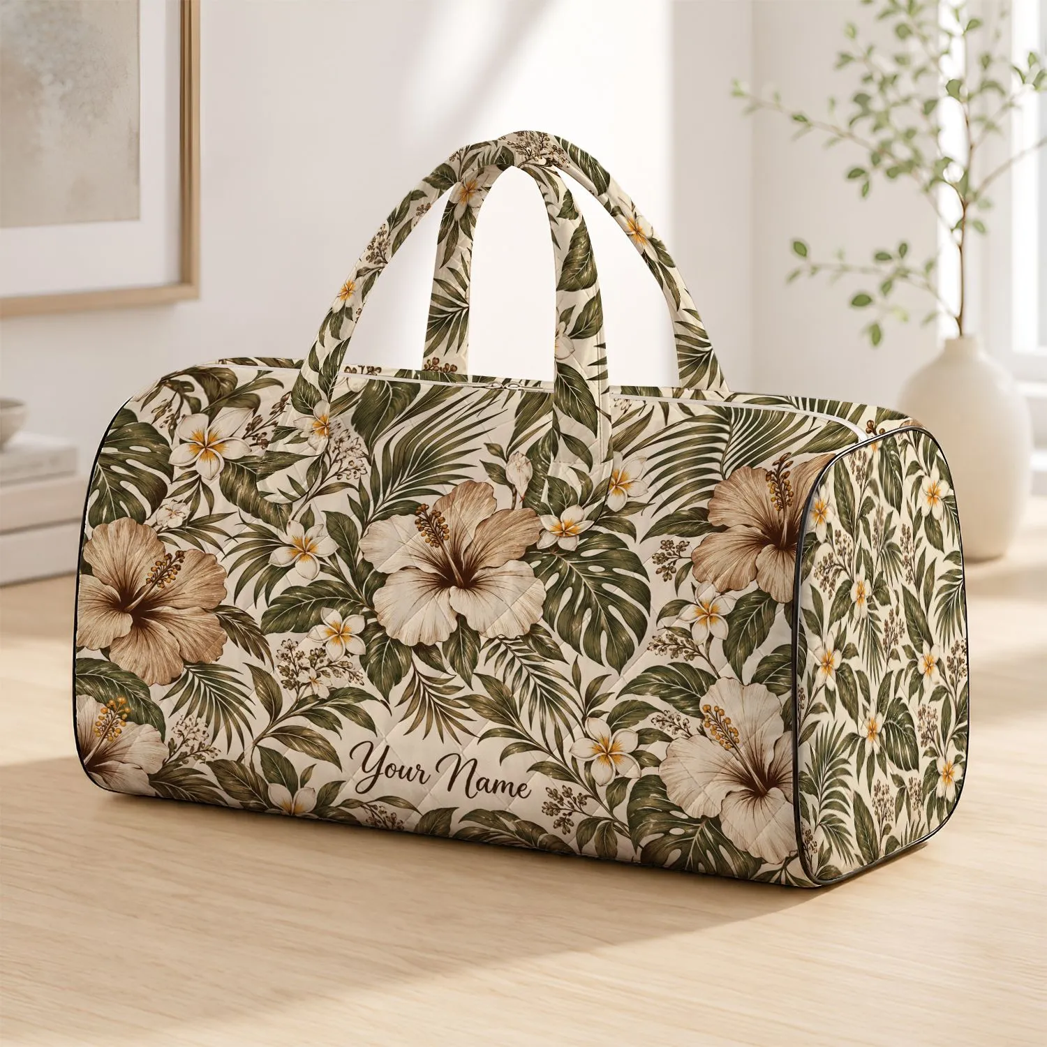 Ivory Tropical Hibiscus Florals for Beach Getaways and Weekend Travel Quilted Weekend Bag - 1
