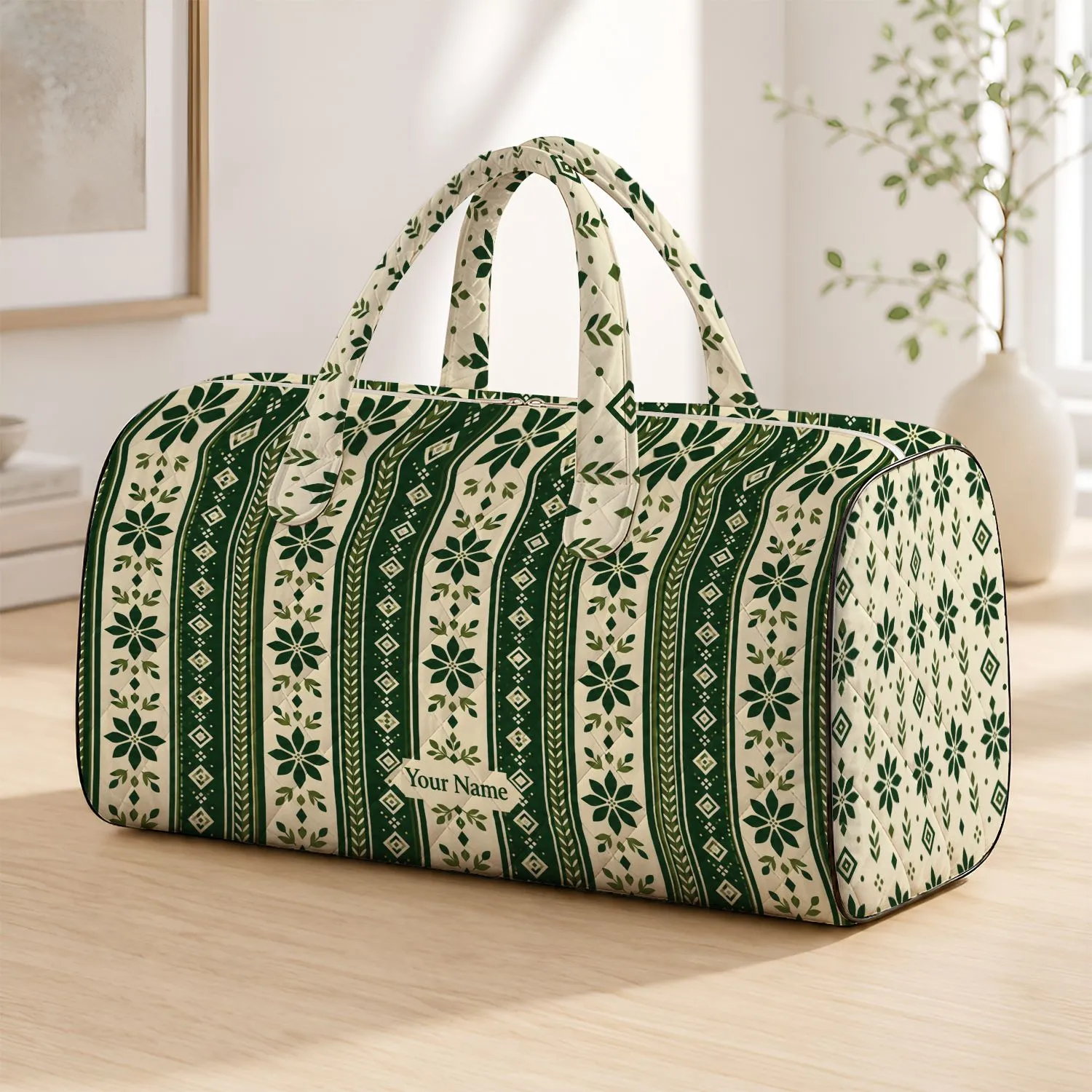 Forest Green Geometric Stripes for Weekend Travel and Gym Days, Unisex Style Quilted Weekend Bag - 1