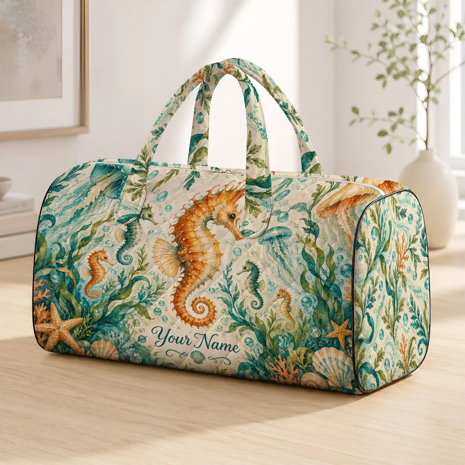 Ivory Seahorse And Jellyfish Ocean Scene For Coastal Getaways And Relaxing Yoga Retreats Quilted Weekend Bag - 1