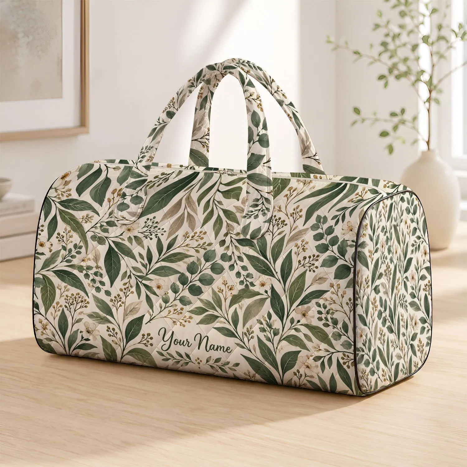 Sage Olive Botanical Leaves for Yoga, Gym and Weekend Travel, Unisex Nature Style Quilted Weekend Bag - 1