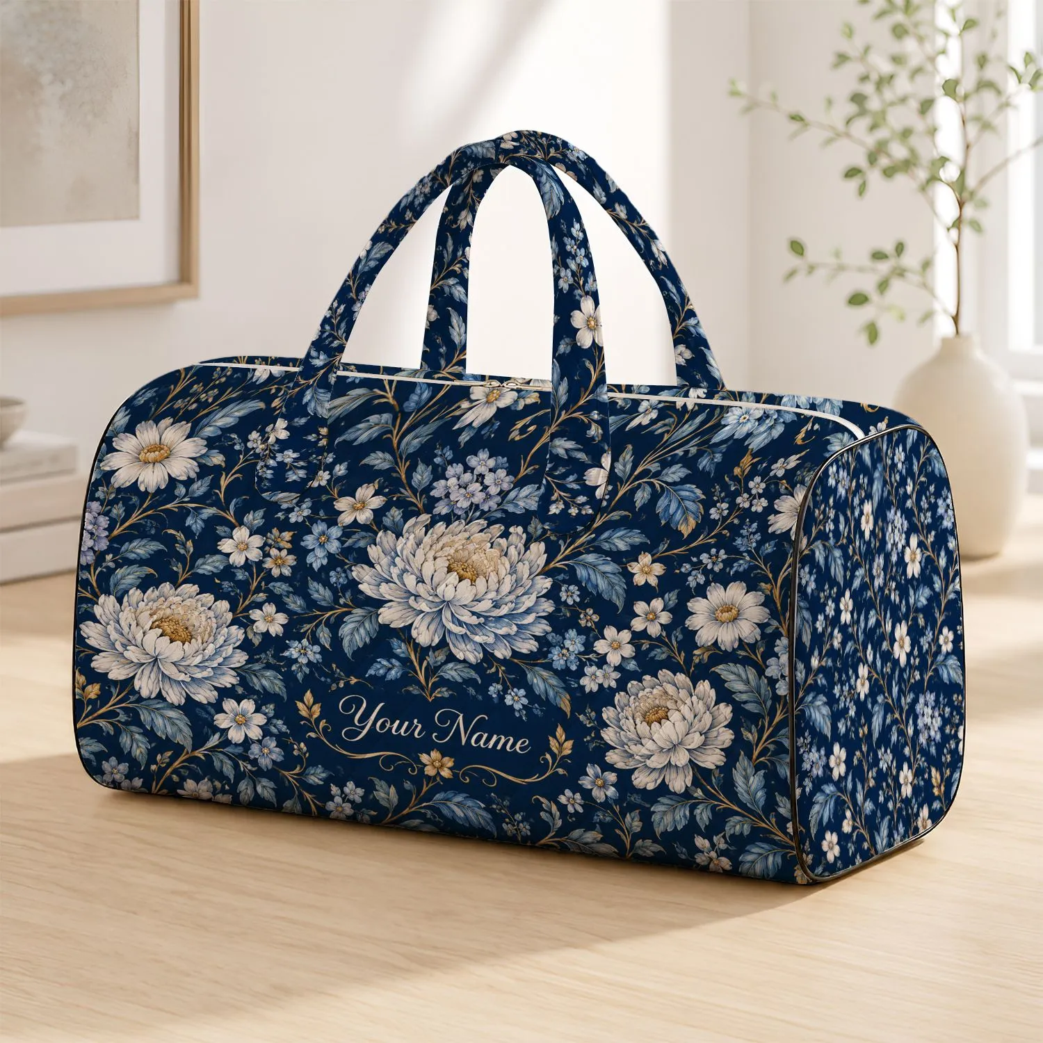 Navy Blue Botanical Flowers and Vines for Elegant Weekend Getaways and Travel Lovers Quilted Weekend Bag - 1