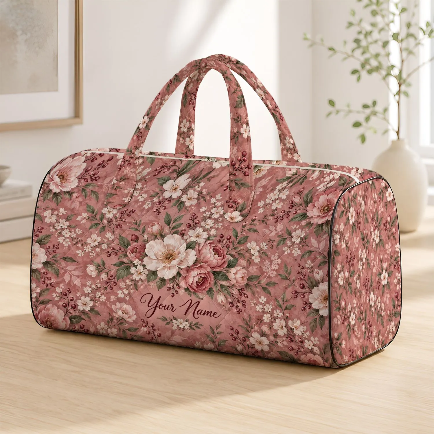 Dusty Rose Floral Blossoms for Romantic Getaways and Relaxed Weekend Escapes Quilted Weekend Bag - 1