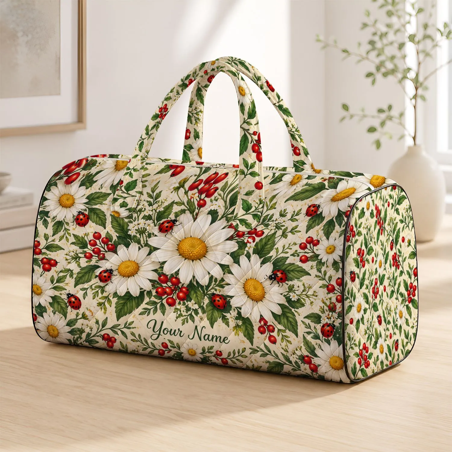 Ladybugs And White Daisies For Cheerful Garden Getaways And Relaxed Outdoor Adventures Quilted Weekend Bag - 1