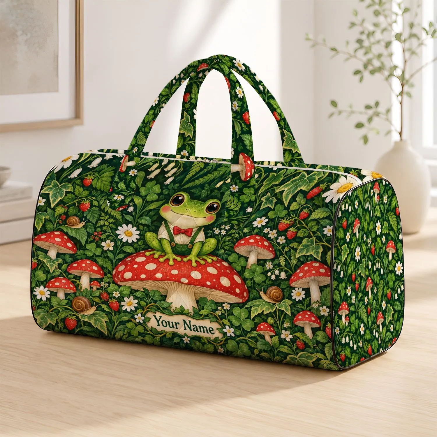 Whimsical Woodland Frog and Toadstools for Cheerful Nature-Loving Weekend Getaways Quilted Weekend Bag - 1