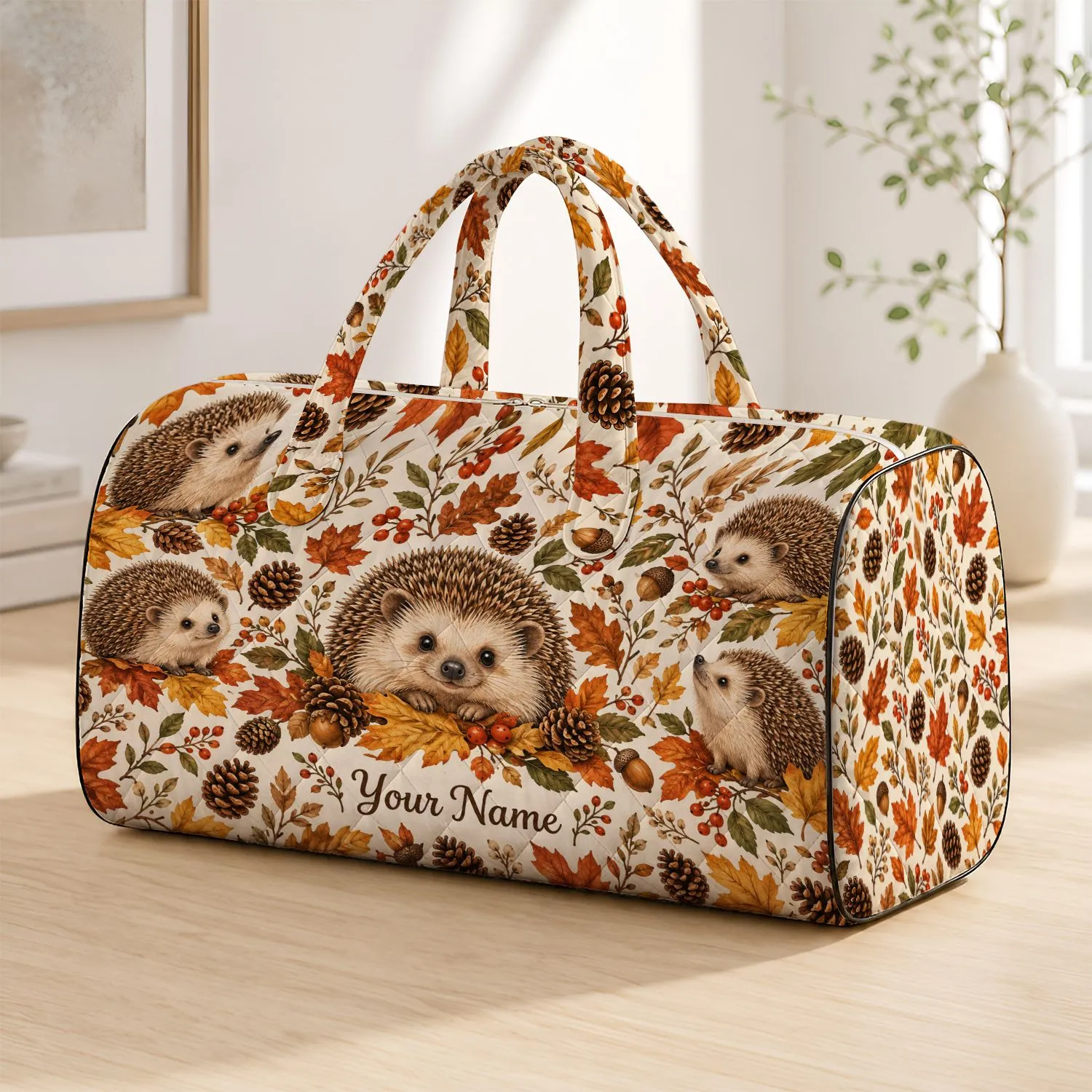 Cute Hedgehogs And Autumn Leaves For Cozy Fall Woodland Walks And Nature Lovers Quilted Weekend Bag - 1