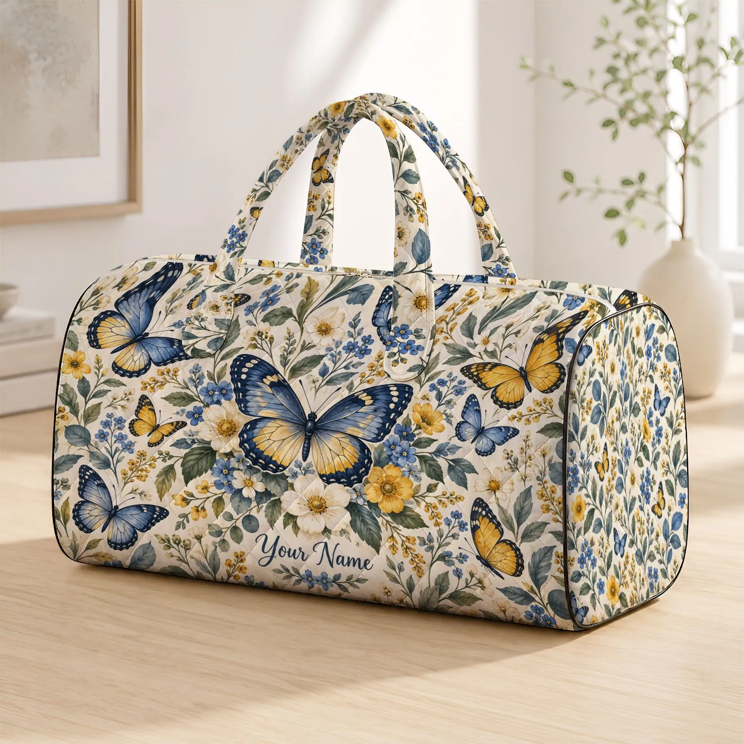 Blue and Golden Butterflies with Wildflowers for Weekend Travel and Garden Getaways Quilted Weekend Bag - 1