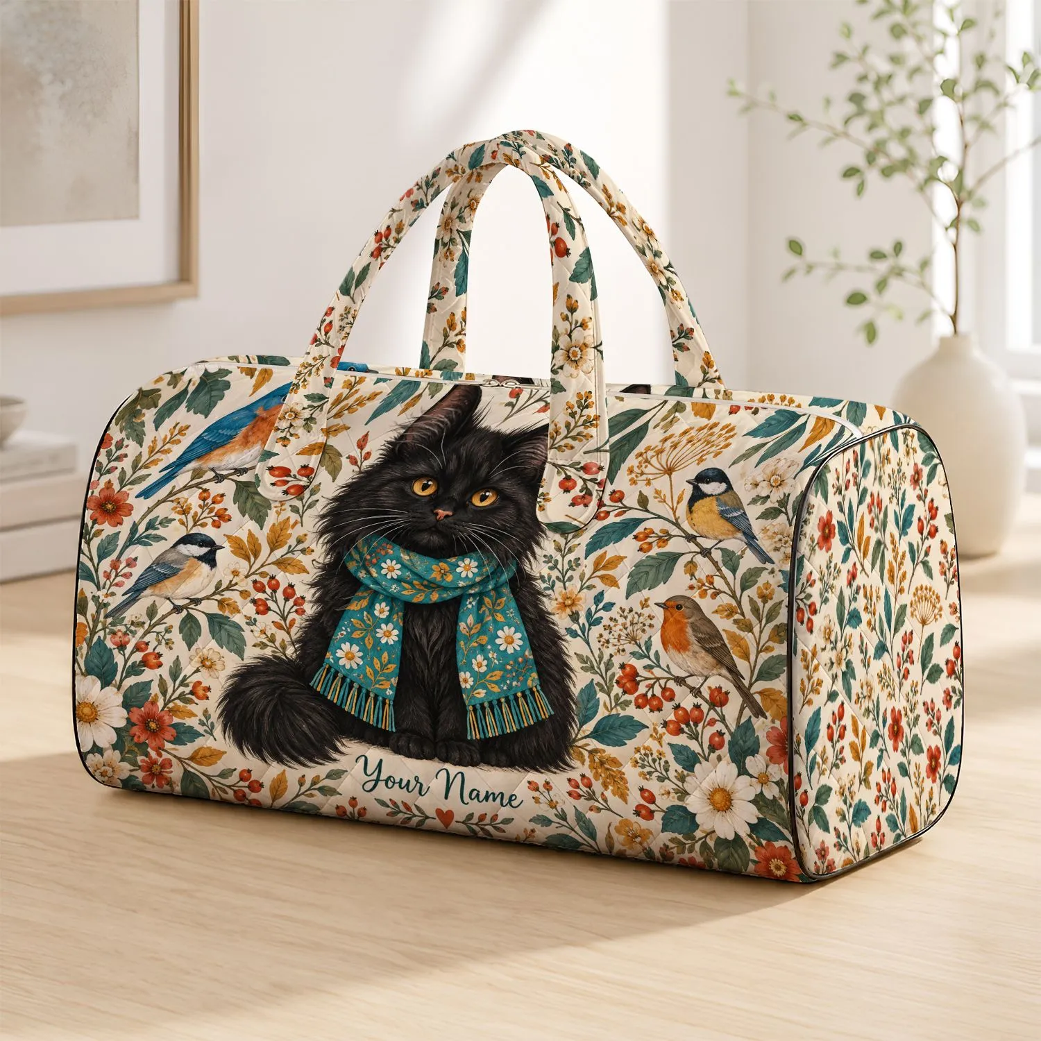 Black Cat and Songbirds for Cozy Weekend Getaways and Nature-Loving Travelers Quilted Weekend Bag - 1