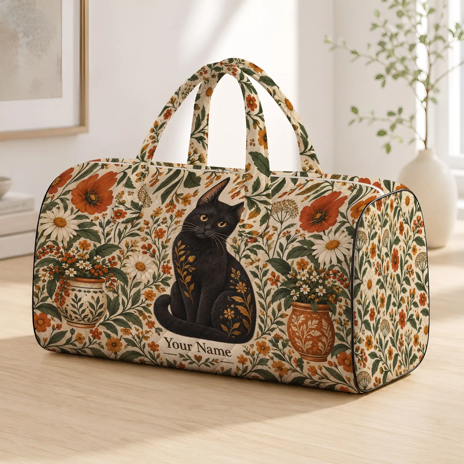 Vintage Black Cat And Wildflowers For Cozy Weekend Getaways And Cat Lover Gifts Quilted Weekend Bag - 1