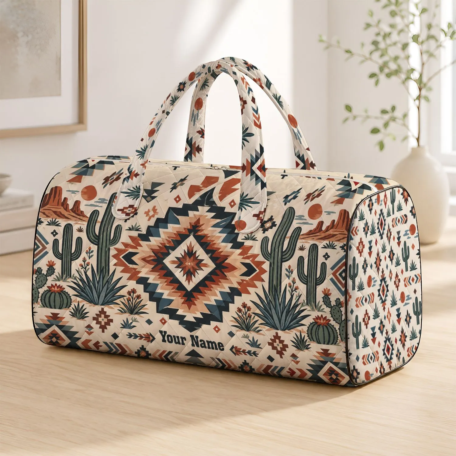 Southwestern Cactus and Sunburst Motifs for Yoga Days and Weekend Getaways for Her Quilted Weekend Bag - 1