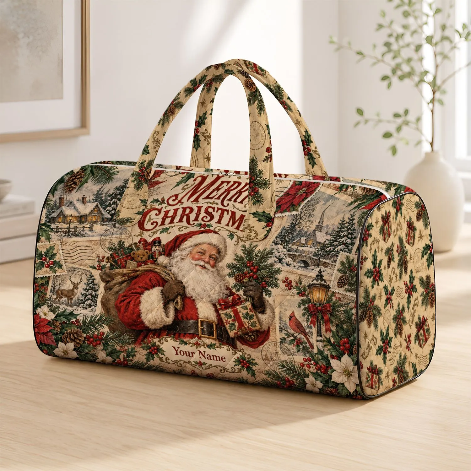 Vintage Santa Christmas Postcard Scene for Cozy Festive Holiday Getaways and Gift Giving Quilted Weekend Bag - 1